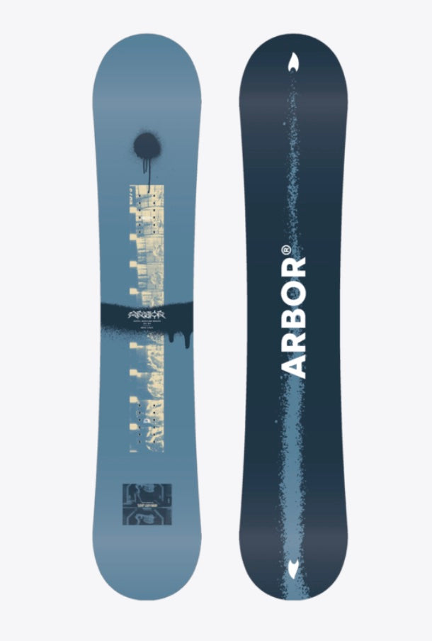 Arbor Metal Machine Decon snowboard in snow, showing the top design with bold graphics and durable construction for winter riding.