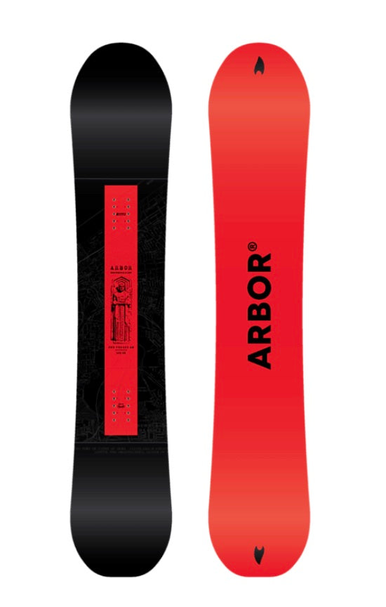 Arbor Red Gerard Am snowboard for 2027 with red and black graphic design, shown on snow with bindings attached.