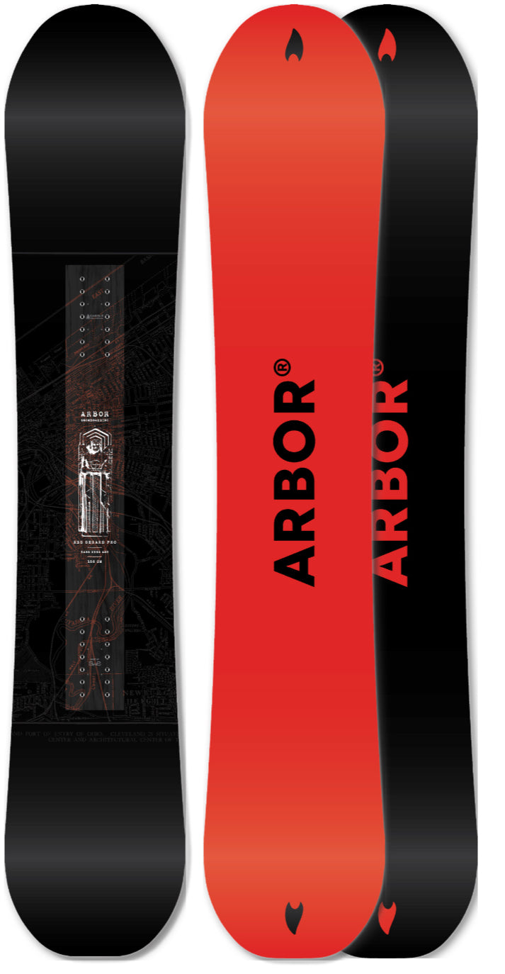 Arbor Red Gerard Pro Snowboard 2027, snowboard with bold graphics and red accents, showcasing its sleek design and construction.
