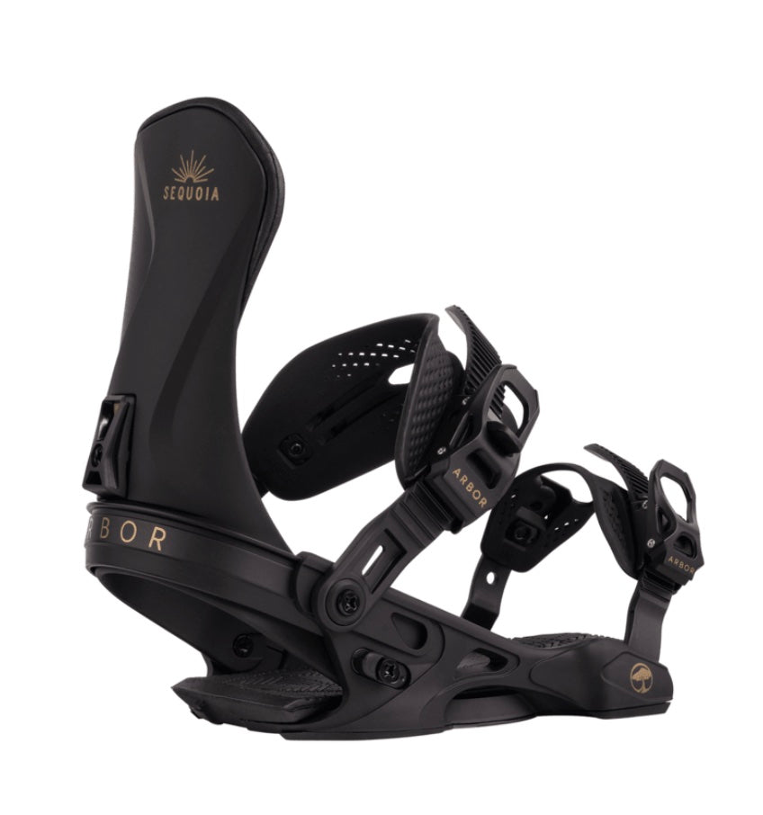 Arbor Sequoia snowboard bindings in black with adjustable straps and high-back support, designed for all-mountain snowboarding.