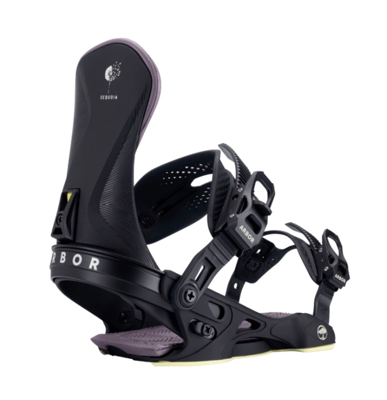 Arbor Sequoia snowboard bindings, featuring black and silver design with adjustable straps and high-back support.