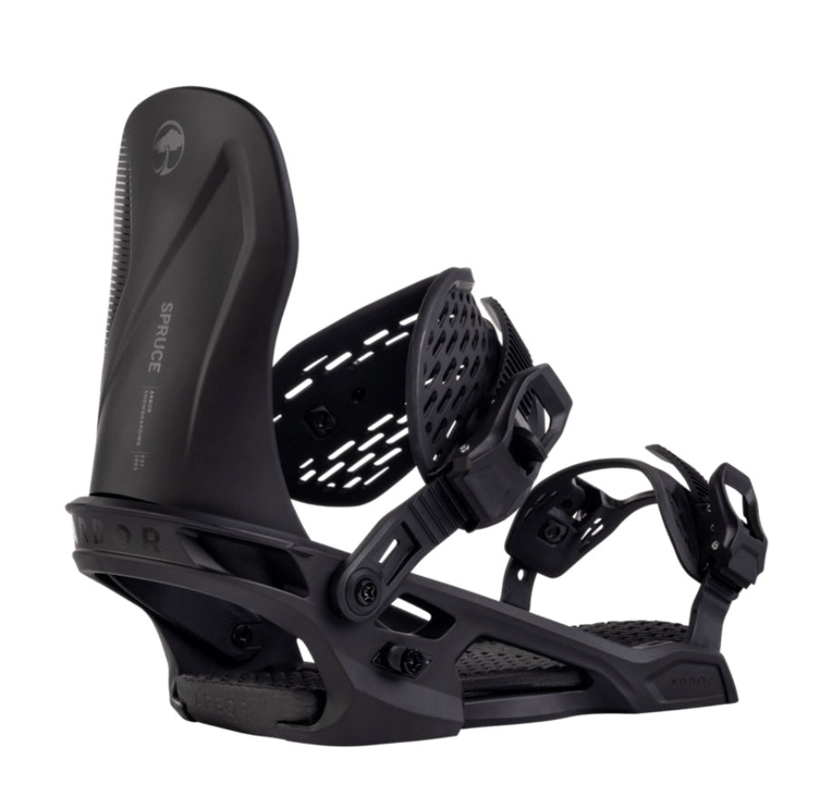 Arbor Spruce snowboard bindings, showcasing adjustable straps and high-back support for all-mountain snowboarding.