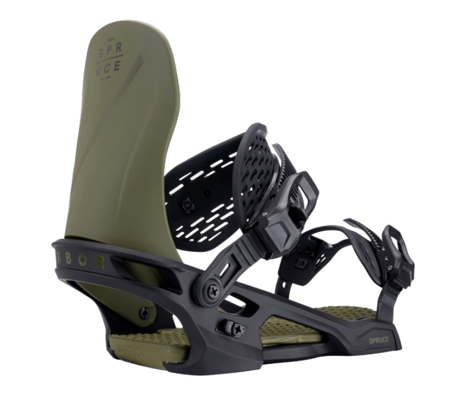 Arbor Spruce snowboard bindings mounted on a snowboard, featuring adjustable straps and high-back support for snowboarding.