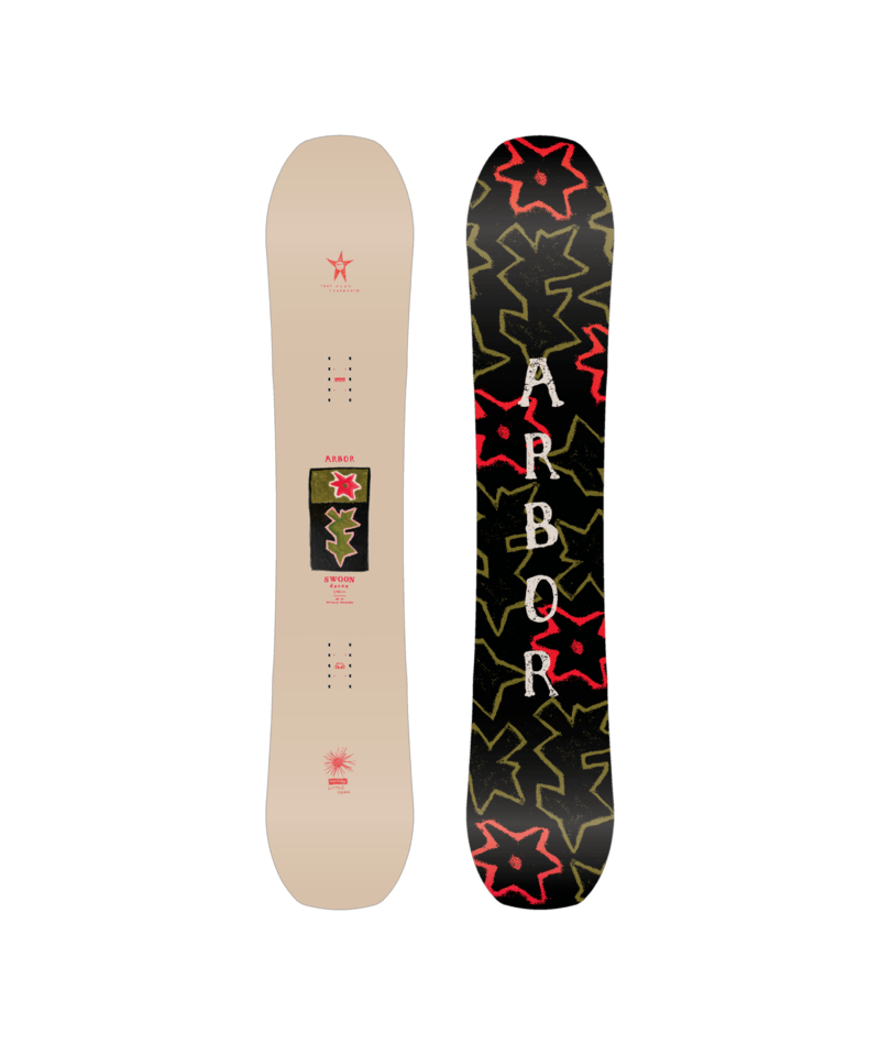 Arbor Swoon Decon snowboard on snow, showcasing the 2027 winter sports equipment with a vibrant graphic design.