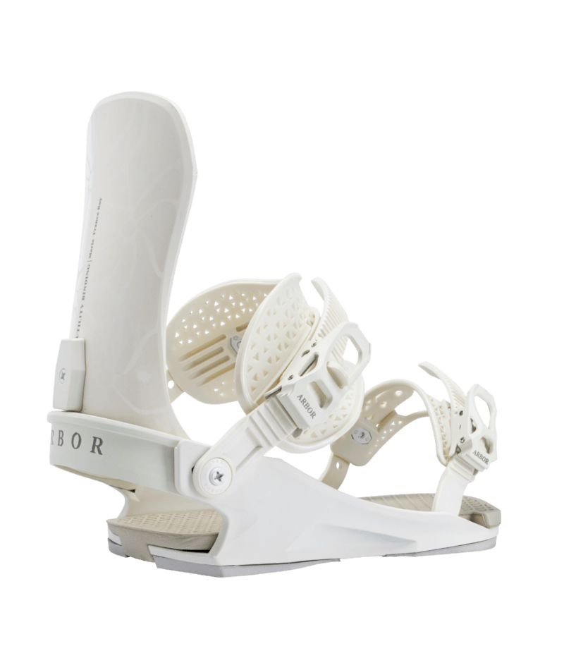 Arbor Utility Women's snowboard bindings in black and pink with adjustable straps and high-back support, designed for winter snowboarding.