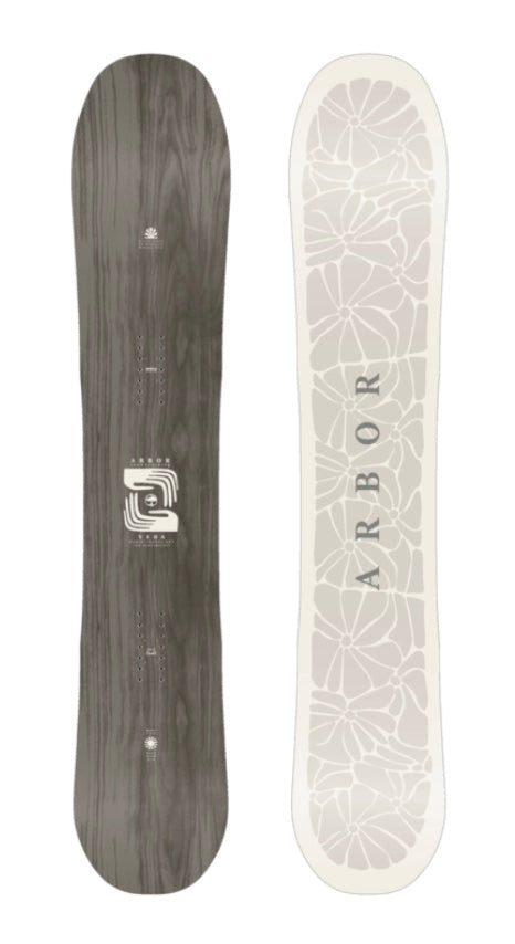Arbor Veda snowboard for winter snowboarding, featuring a sleek design and durable construction, shown on a snow-covered landscape.