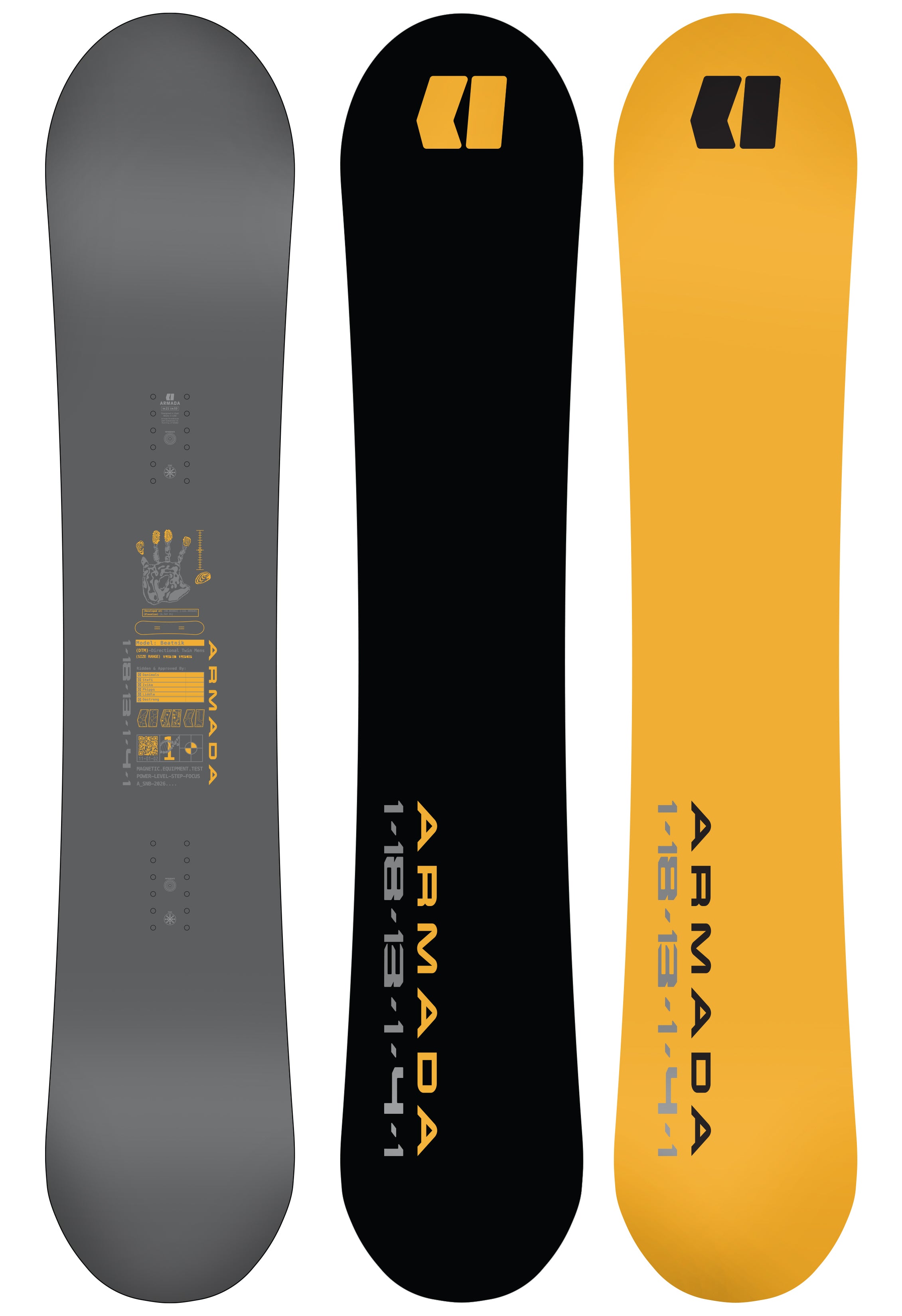Armada Beatnik LTD snowboard in snow, showcasing its design and graphics on a winter landscape.