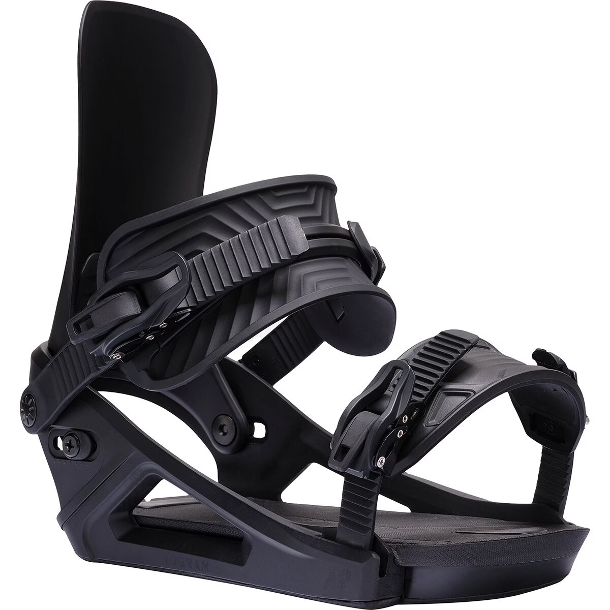 K2 Program snowboard bindings in black, designed for snowboarding, featuring adjustable straps and high-performance support.