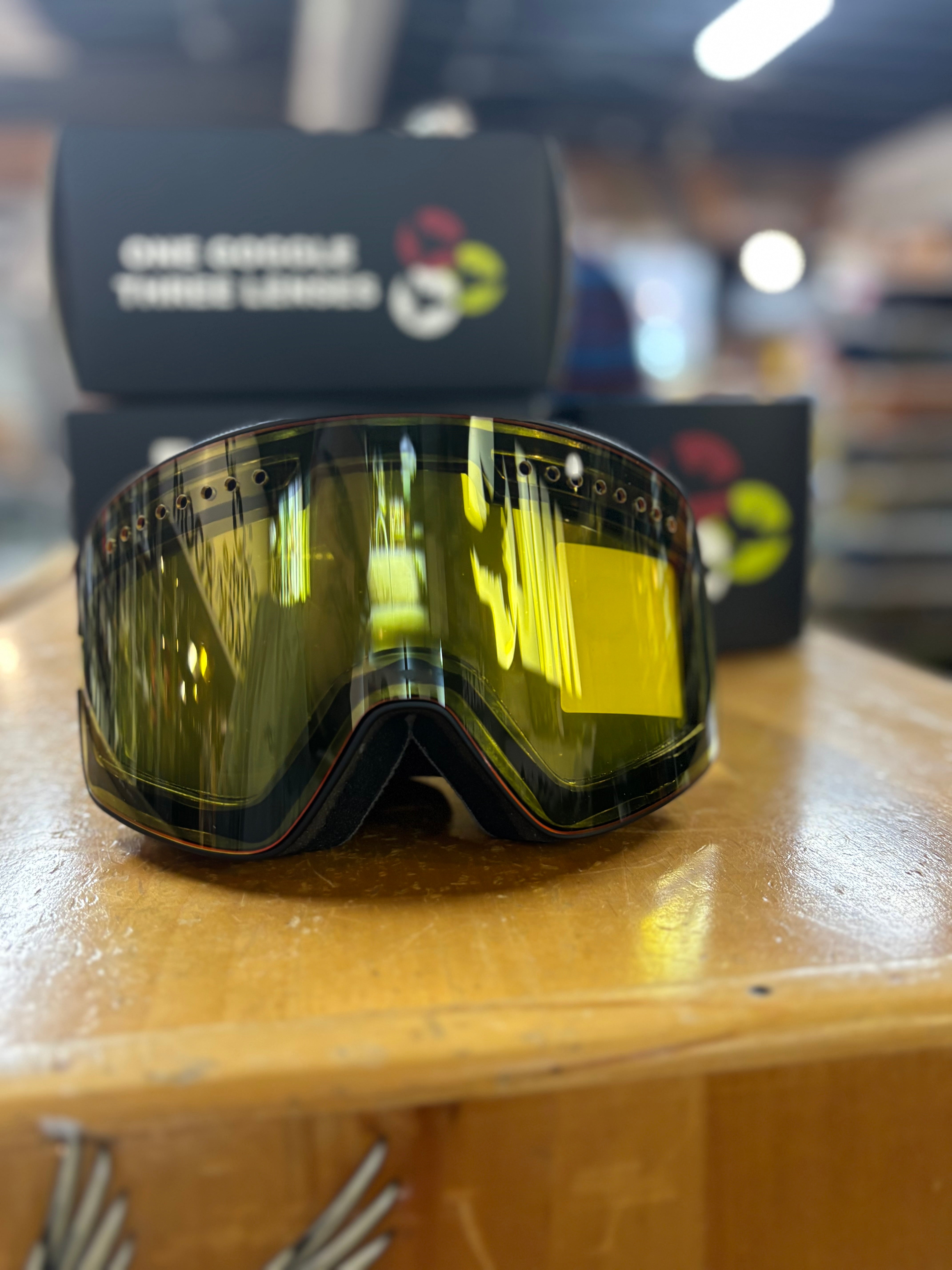 Milosport Varsity Goggle in a Black Frame with a Yellow Replacement Lens and a Clear Replacement Lens