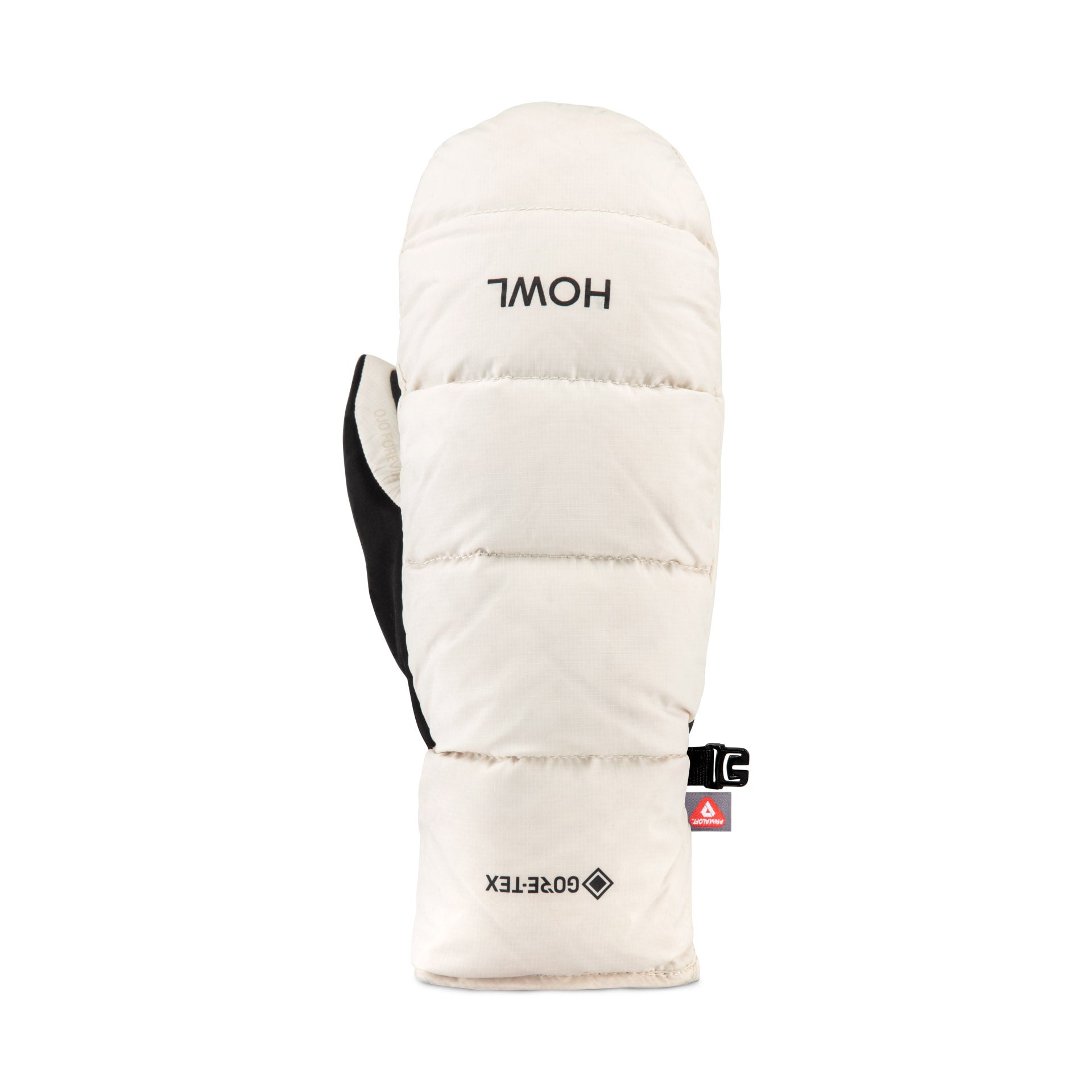 Howl Down Gore-Tex Mitt for men and women in cream, showing the right front view with leash attachment