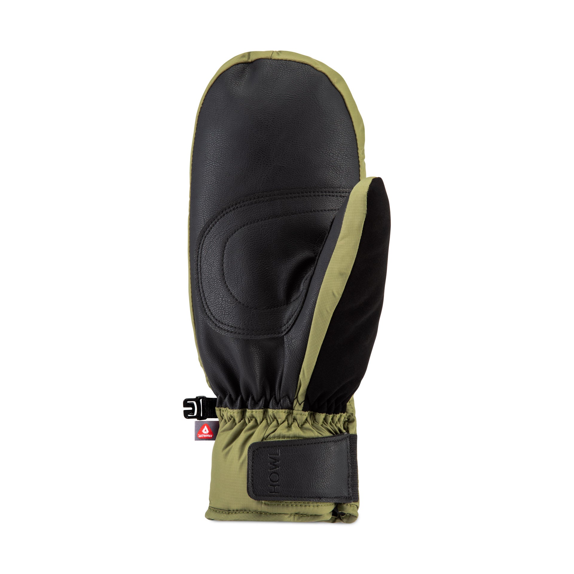 Olive Howl Down Gore-Tex Mitt for men and women, showing the back view of the insulated winter glove with Gore-Tex material.