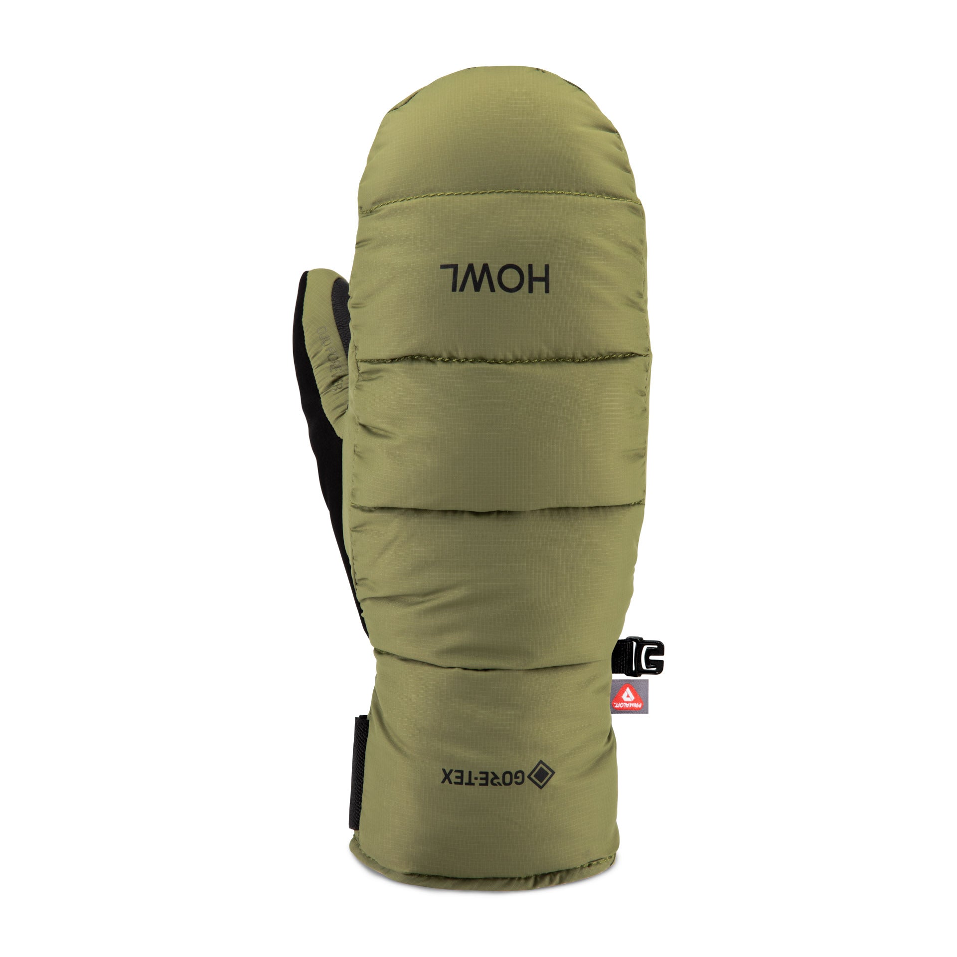 Olive Howl Down Gore-Tex Mitt for men and women, showing the right front view with insulated, waterproof winter glove.