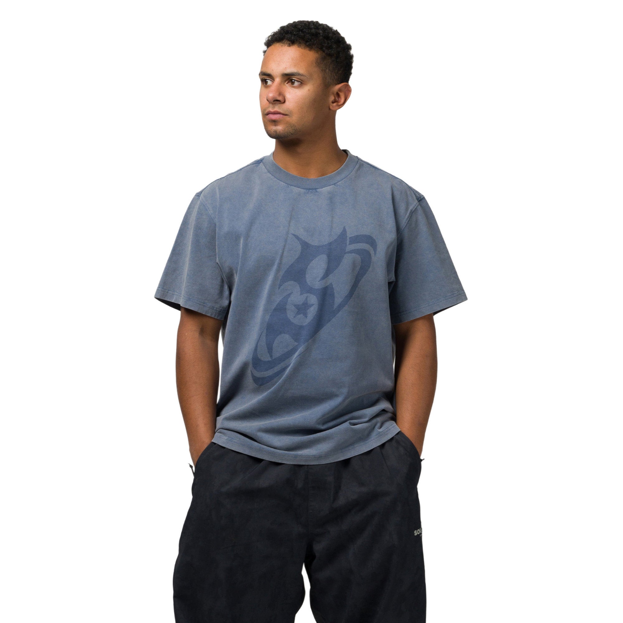 Souvenir Dirty S Tee 2027 in blue, unisex t-shirt with distressed design, front view, casual style for men and women.