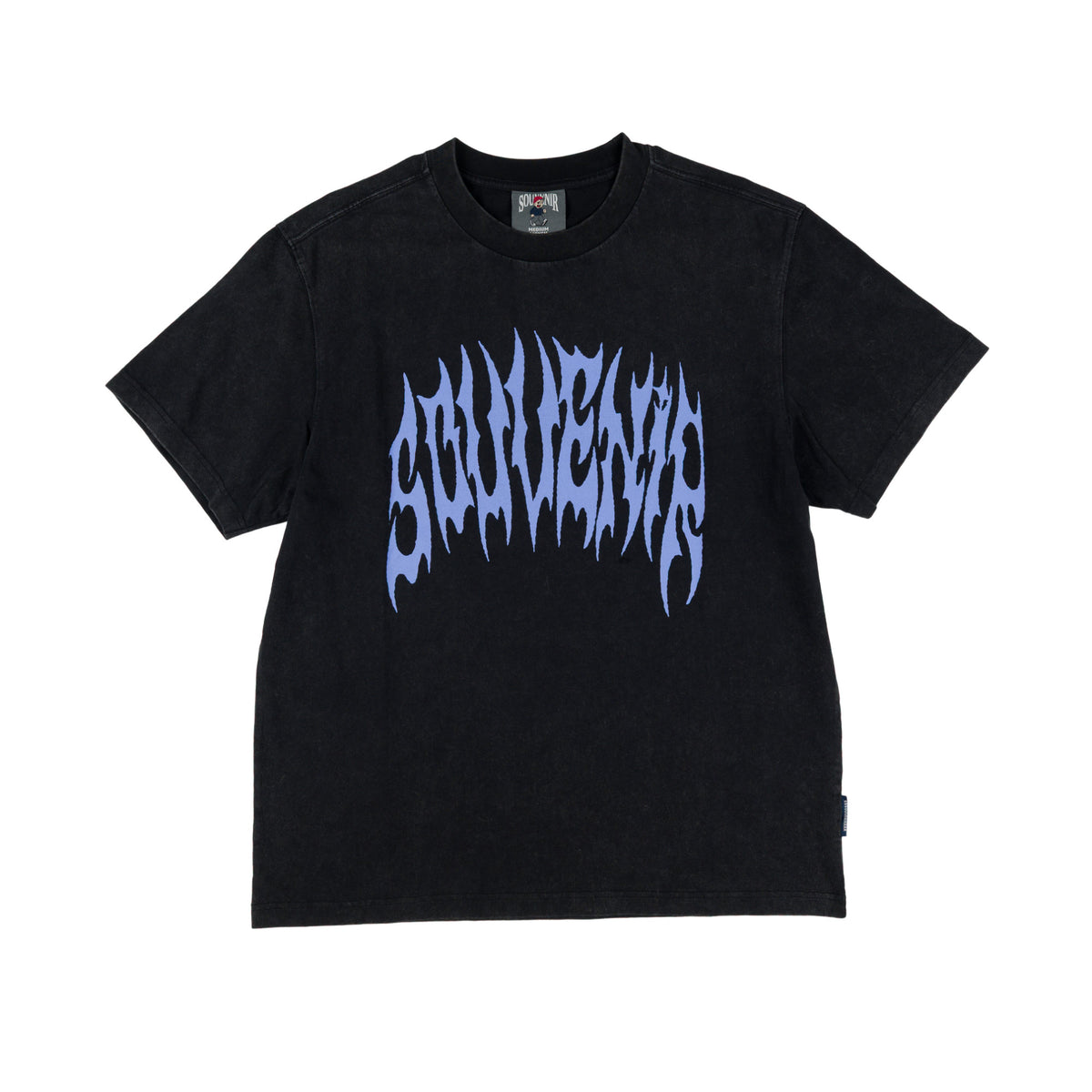 A black short-sleeve crewneck t-shirt featuring a stylized blue flame-like graphic across the chest that reads 'souvenir'.