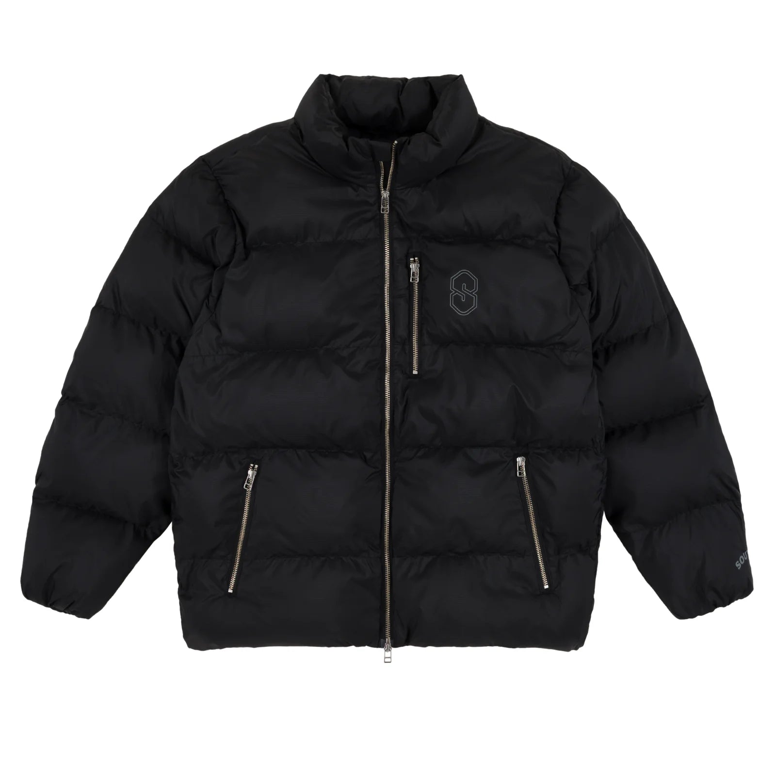 Black Souvenir Everyday Puffer jacket front view, showcasing the quilted design and cozy style.