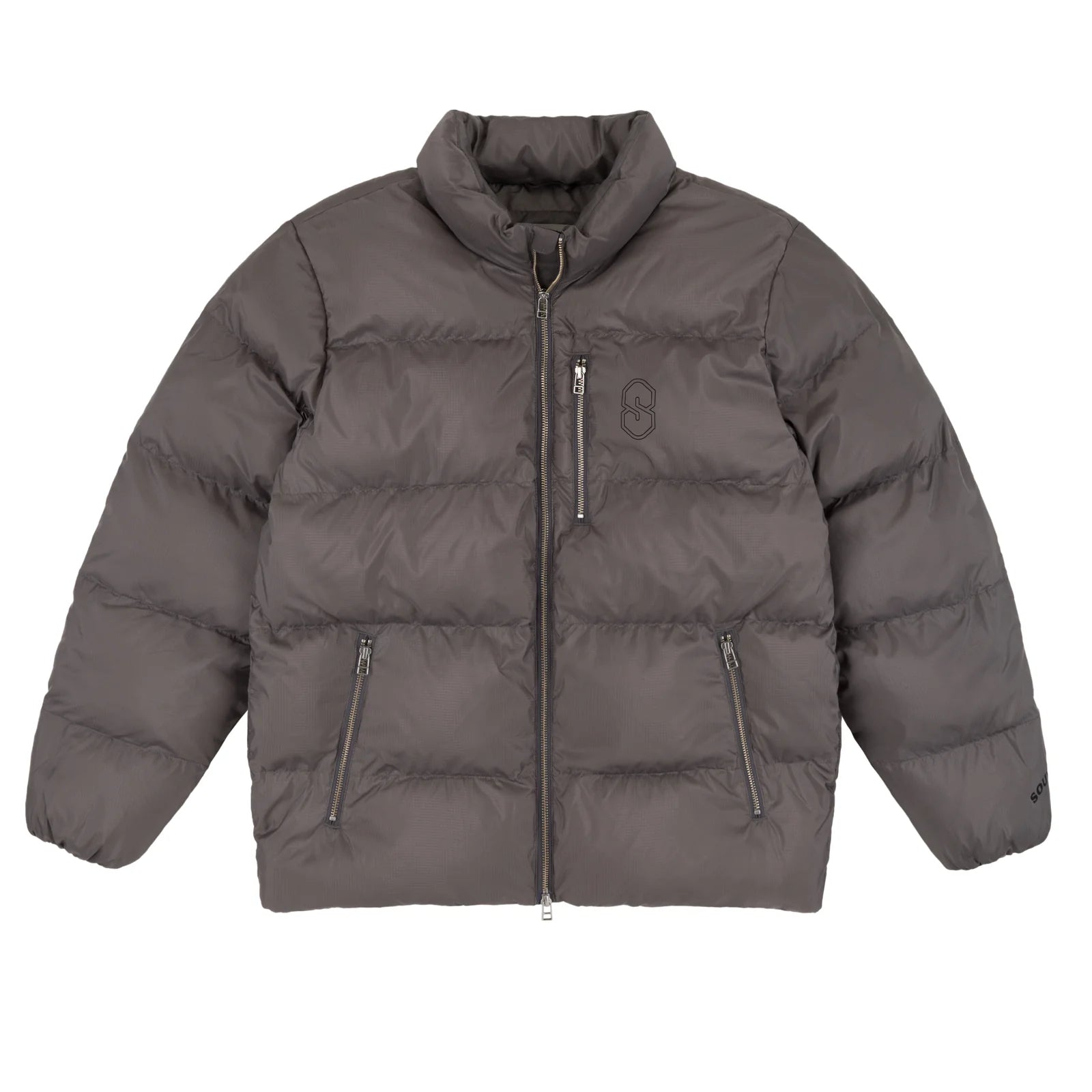 Charcoal Souvenir Everyday Puffer jacket shown from the front, featuring a sleek quilted design and stand-up collar.