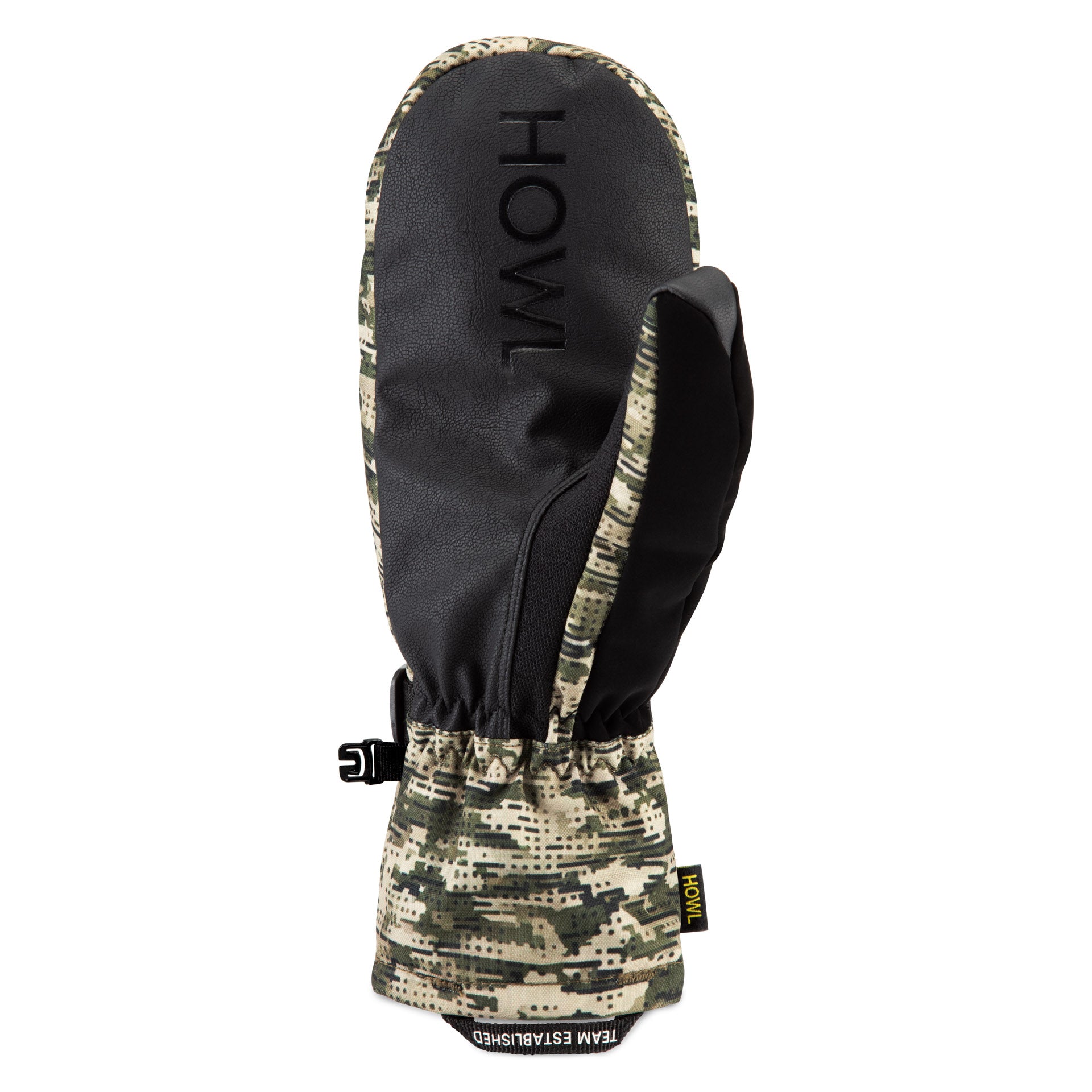 Howl Fairbanks Mitt in camouflage, unisex winter glove with quilted design, shown from the right back view.