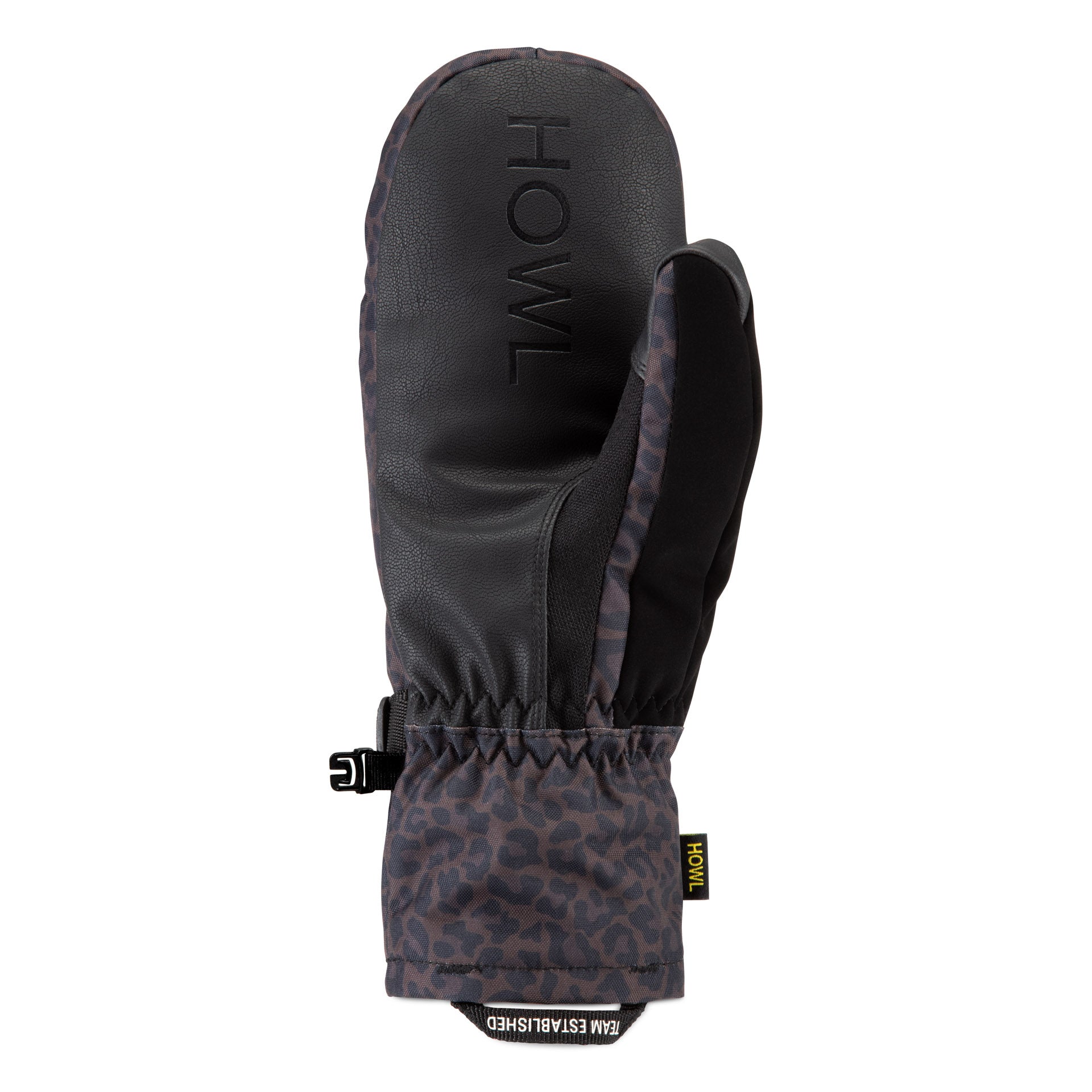 Howl Fairbanks Mitt in leopard print, men's and women's warm mitt with plush lining, shown from the right back view.