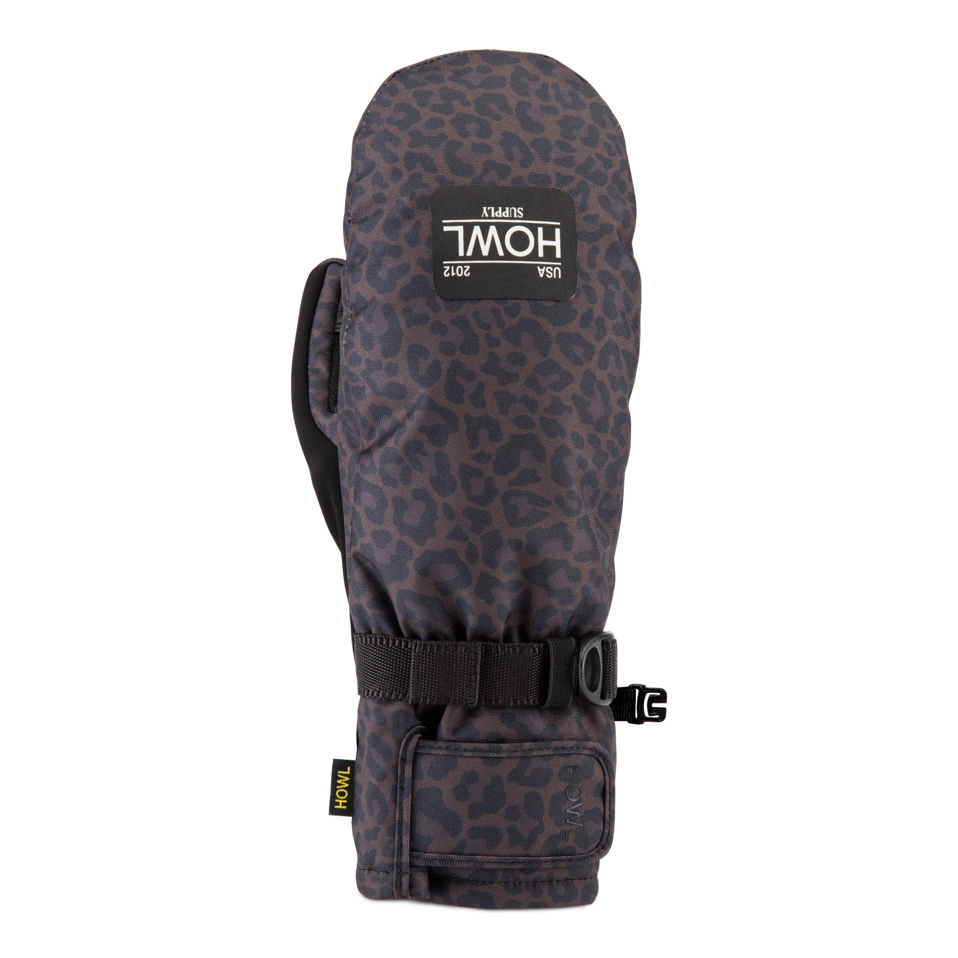 Howl Fairbanks Mitt with leopard print design, suitable for men and women, showing the right front view of the cozy winter glove.