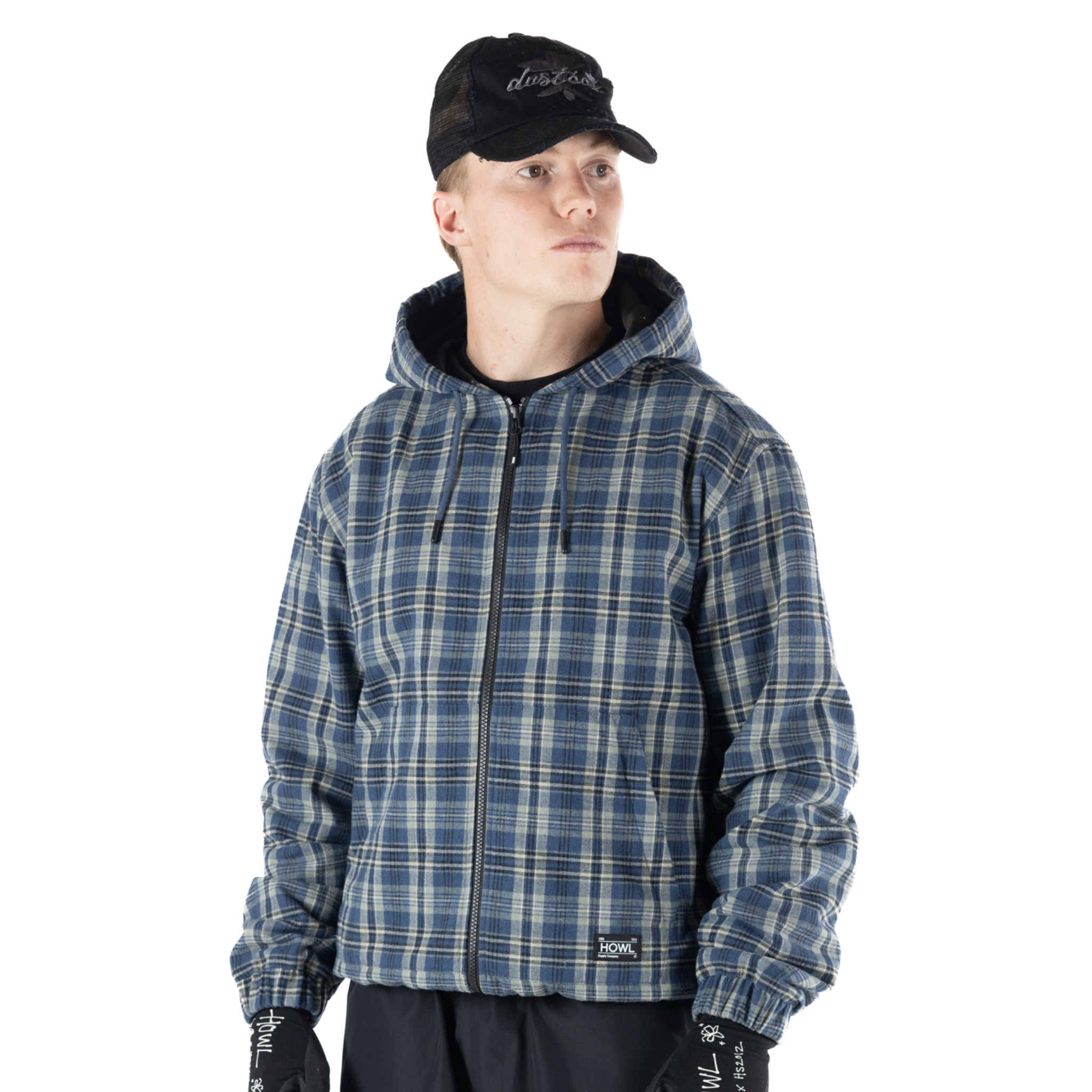 Howl flannel hoodie in plaid, unisex men's and women's casual sweatshirt with a cozy, relaxed fit and button-up front.