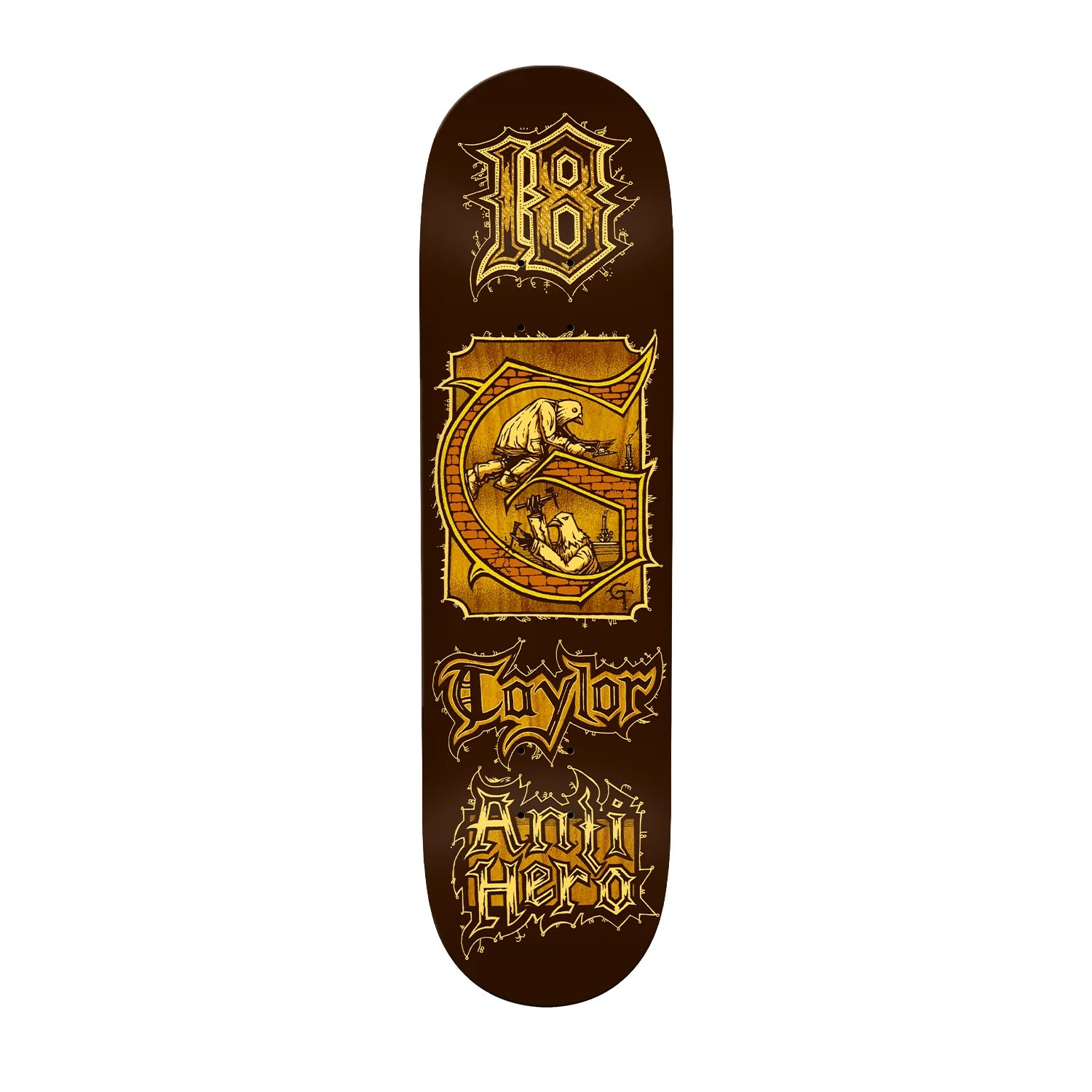 Krooked Antihero Grant Medieval skateboard deck in 8.38 inches with detailed graphic design on top, ideal for skateboarding enthusiasts.