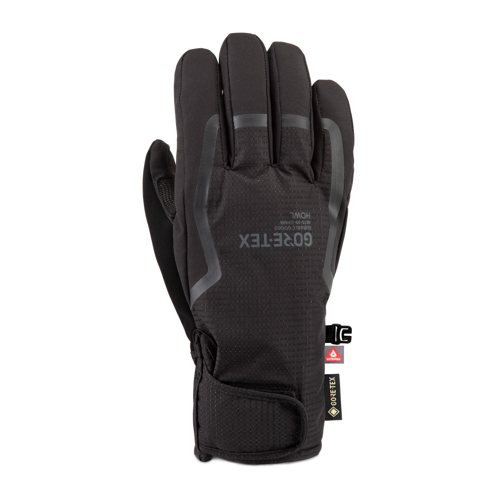 Black Howl Helm Gore-Tex glove, men's and women's, shown from right front angle, featuring waterproof Gore-Tex material and glove design.