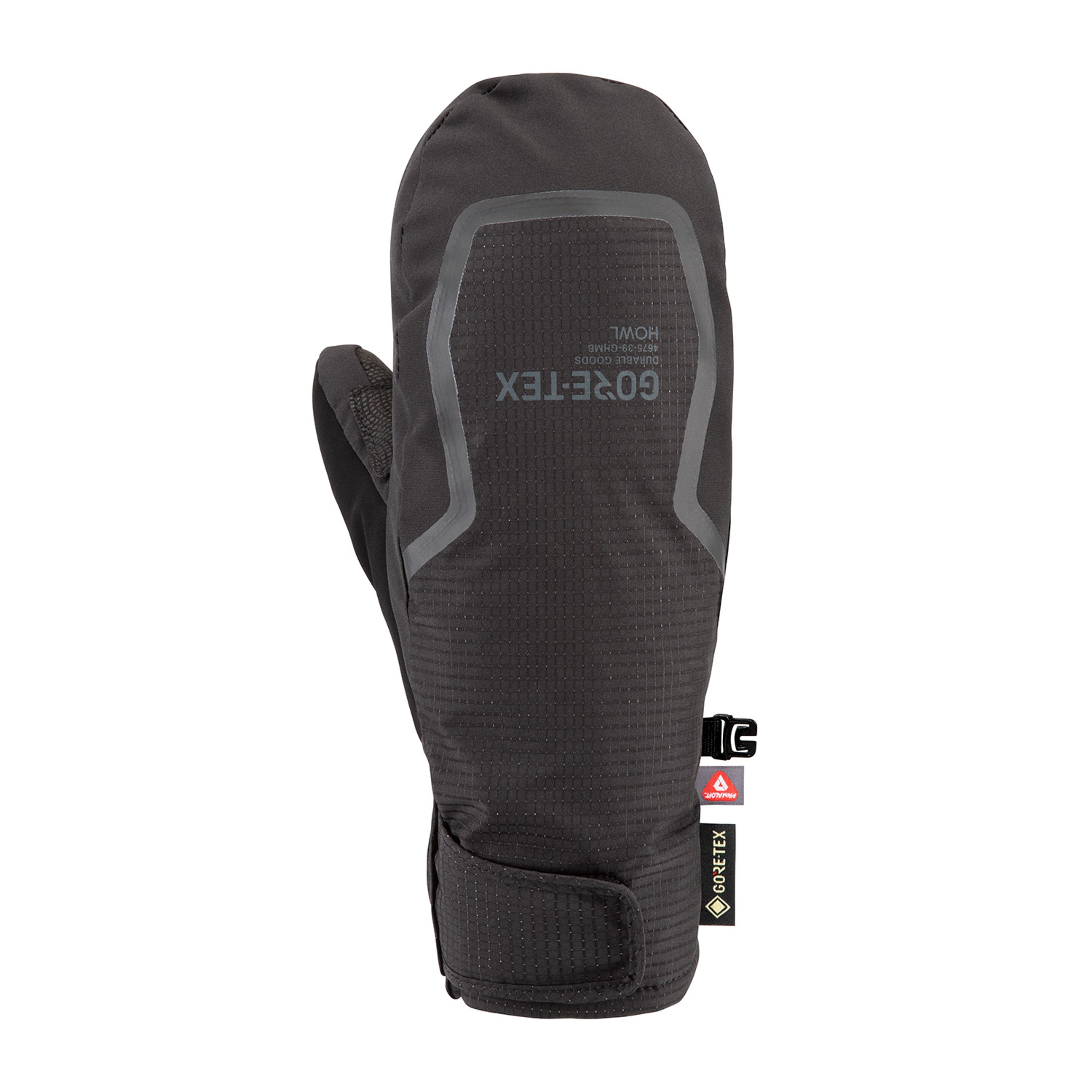 Black Howl Helm Gore-Tex Mitt for men and women, showing the right front view with textured fabric and secure wrist strap.