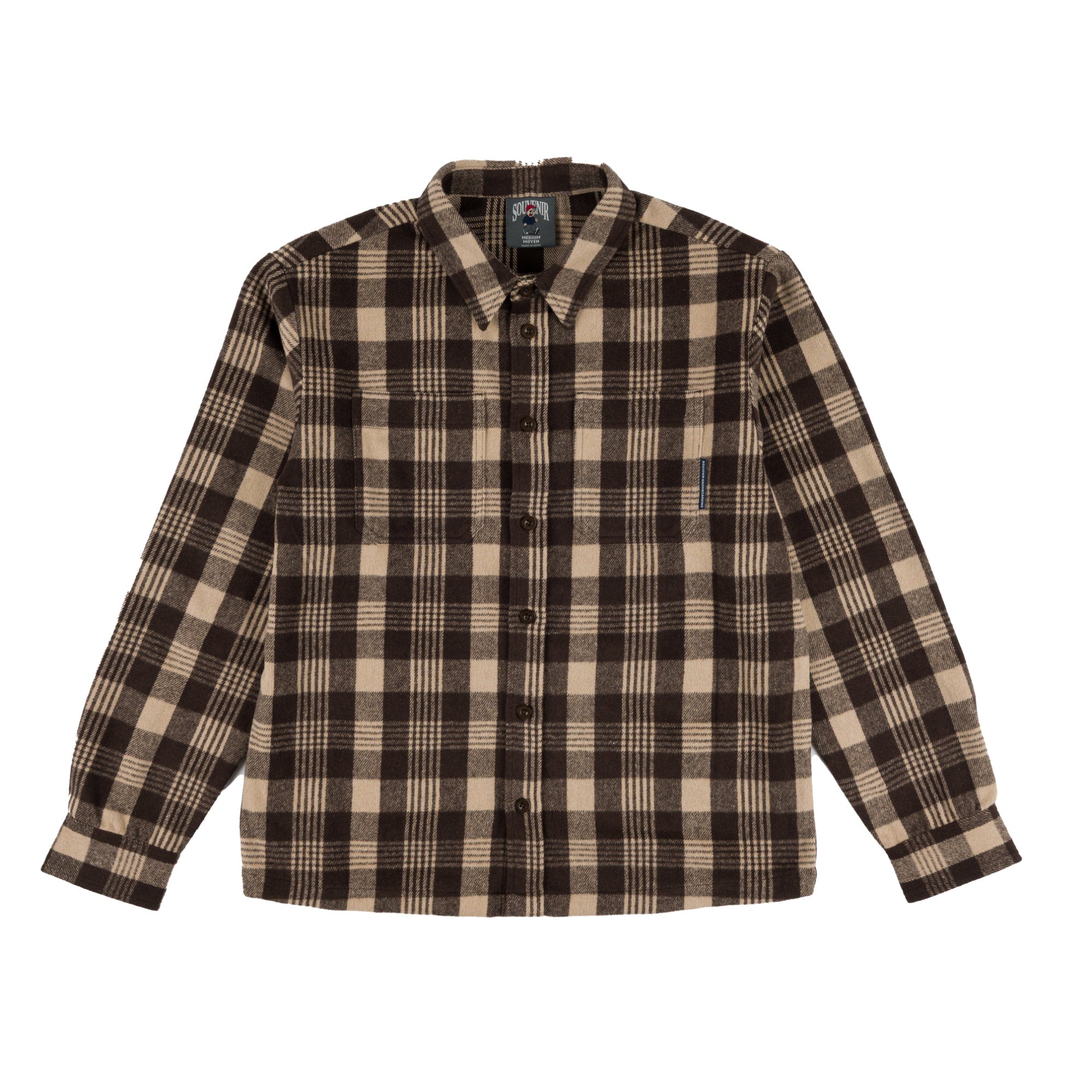 A long-sleeve button-up flannel shirt with a brown and beige plaid pattern, featuring a pointed collar, button-down front, and a chest pocket with a small blue brand tab.