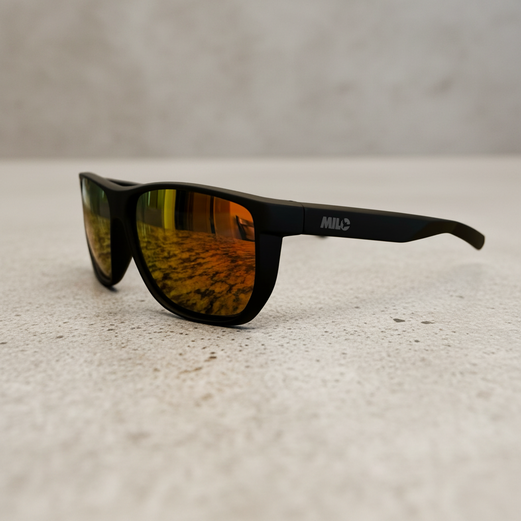 Black sunglasses with reflective lenses on a white background