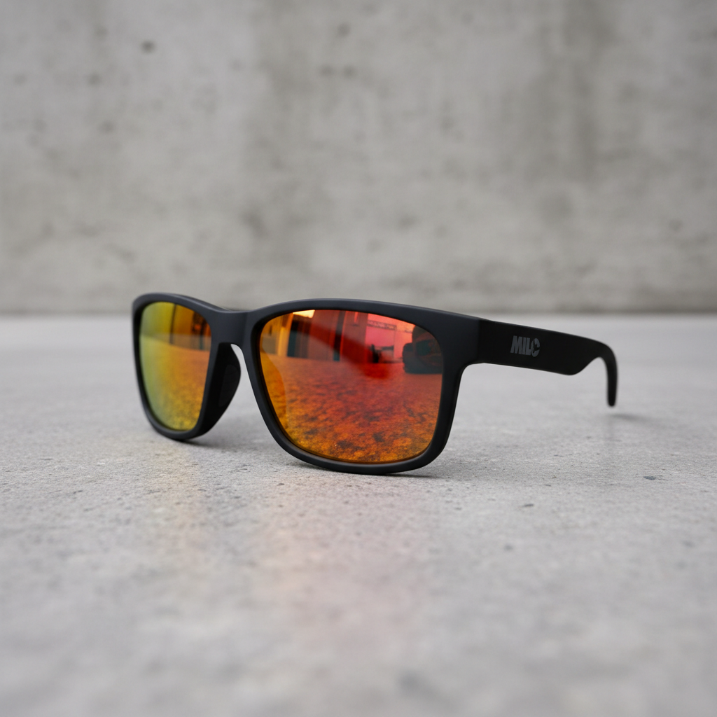Black sunglasses with orange-tinted lenses on a white background