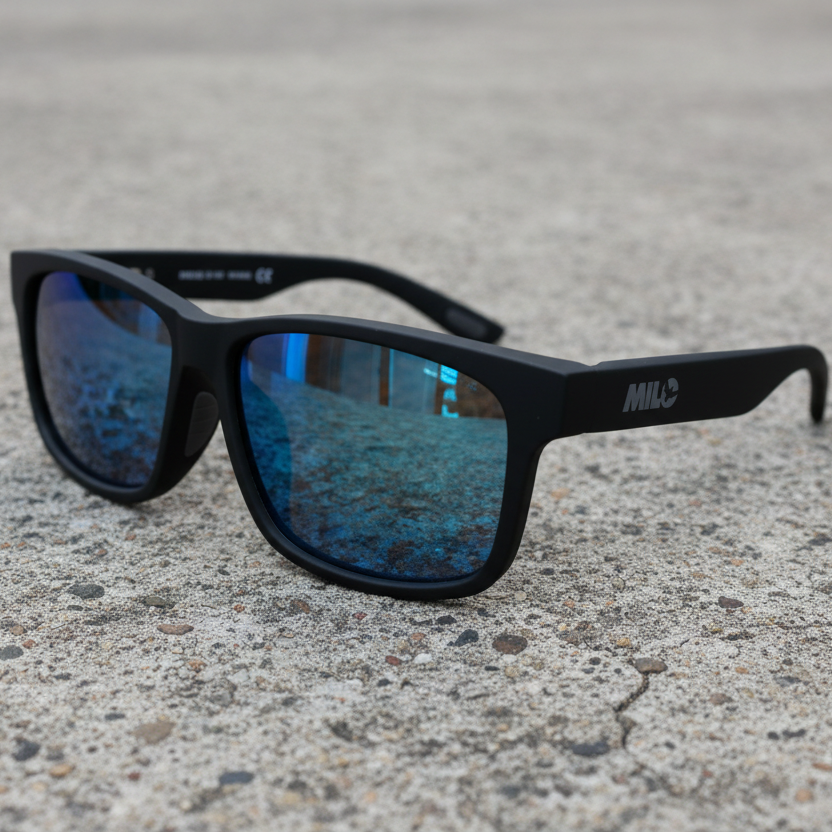 Black sunglasses with reflective lenses on a white background