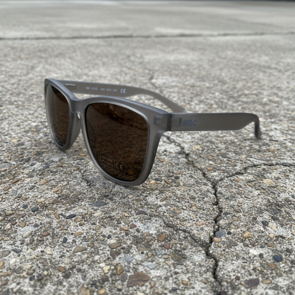 Sunglasses with a dark lens on a white background