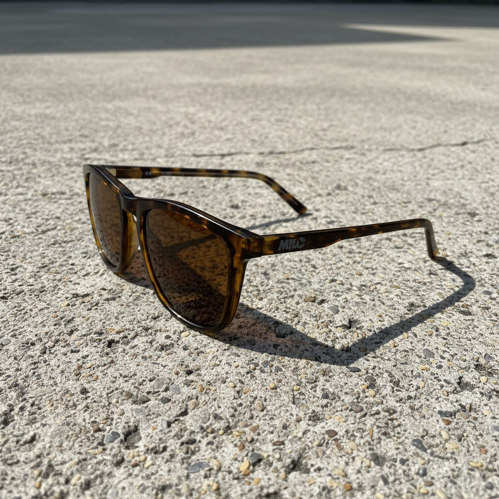 Sunglasses with tortoiseshell frame and dark lenses on a white background