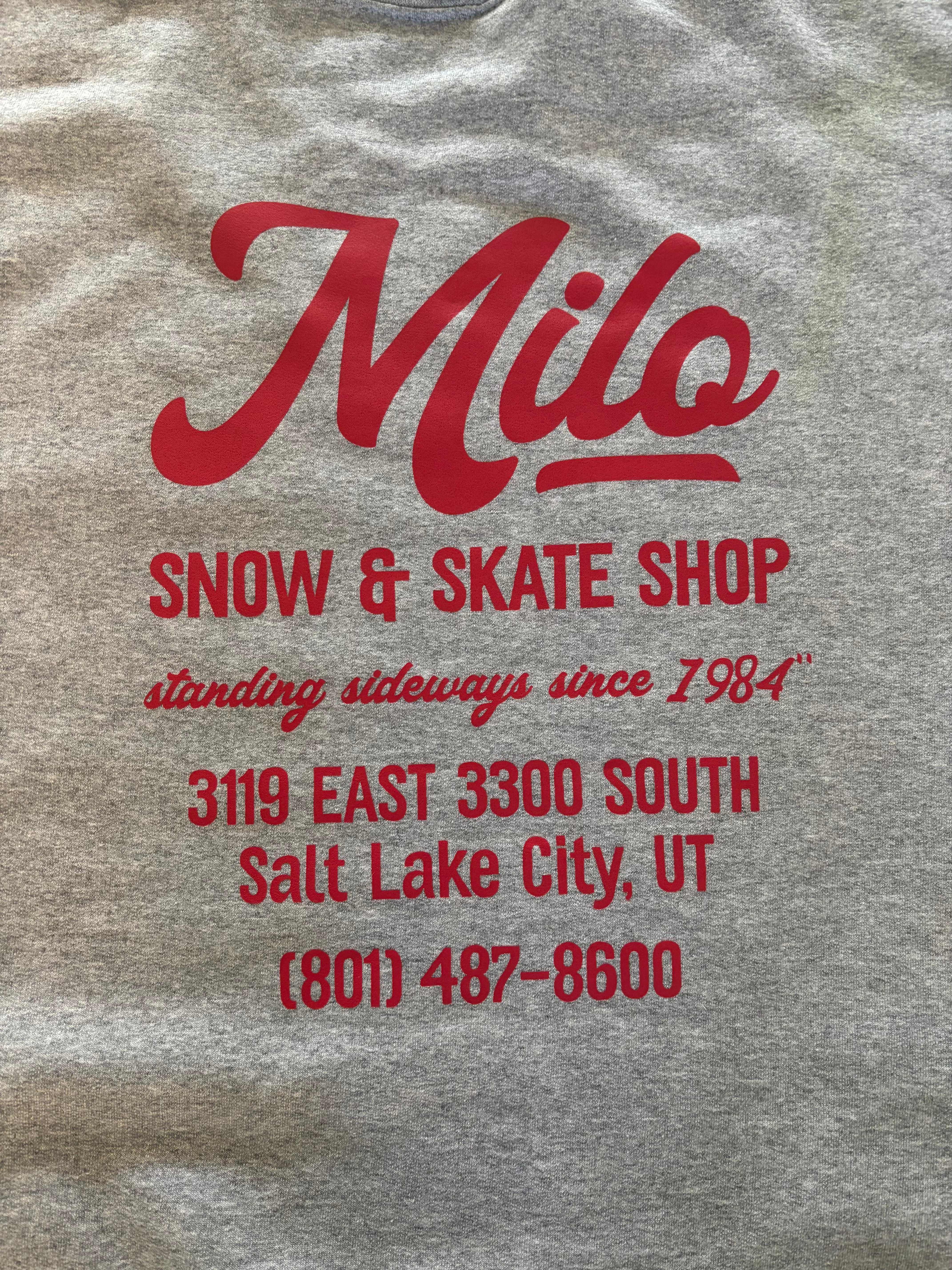 Mens Milosport House Deli Crew Sweatshirt in gray, showing the front view with the printed logo on the chest.