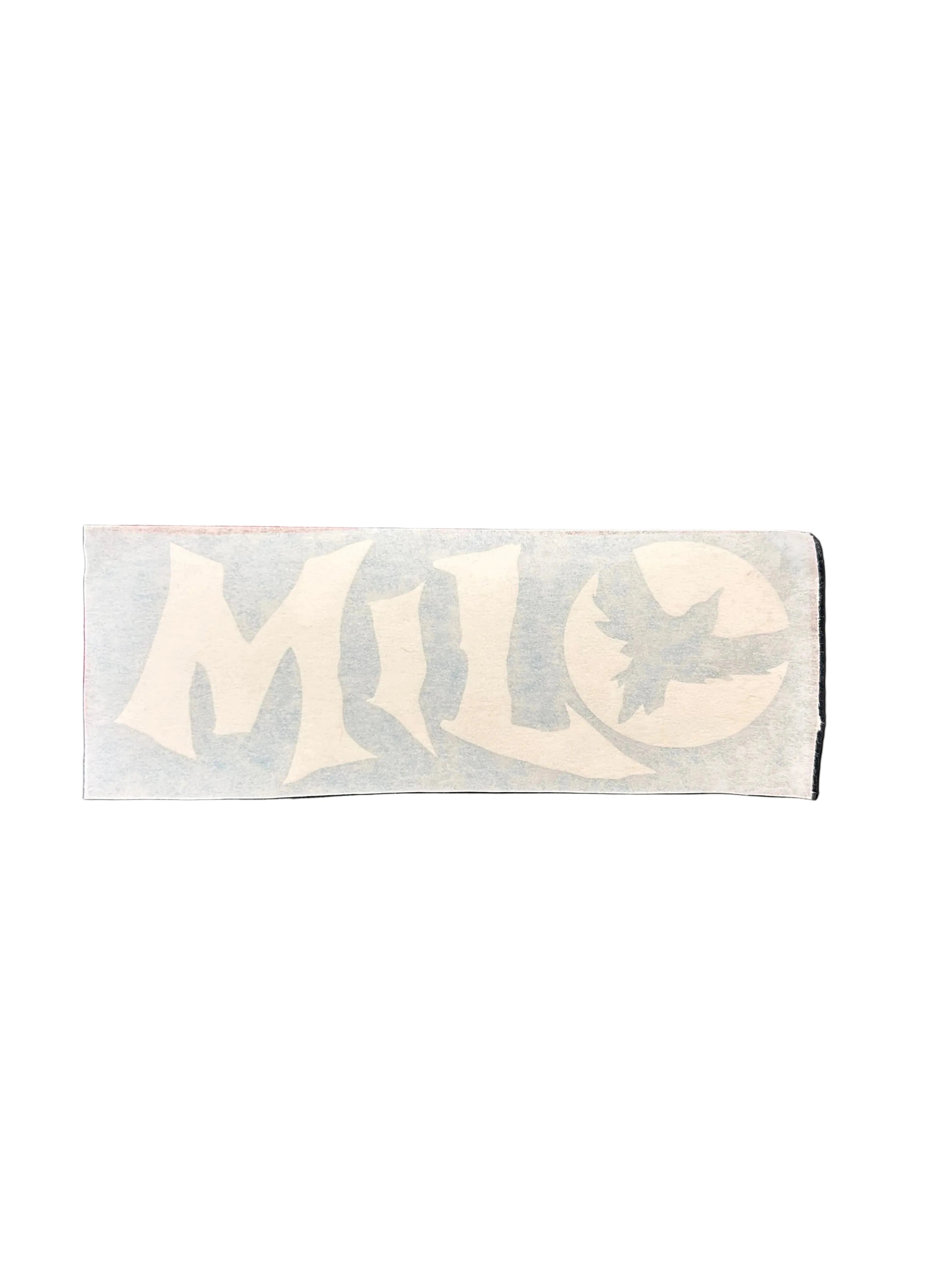 A rectangular white vinyl decal with a gray graphic design reading "MILO"