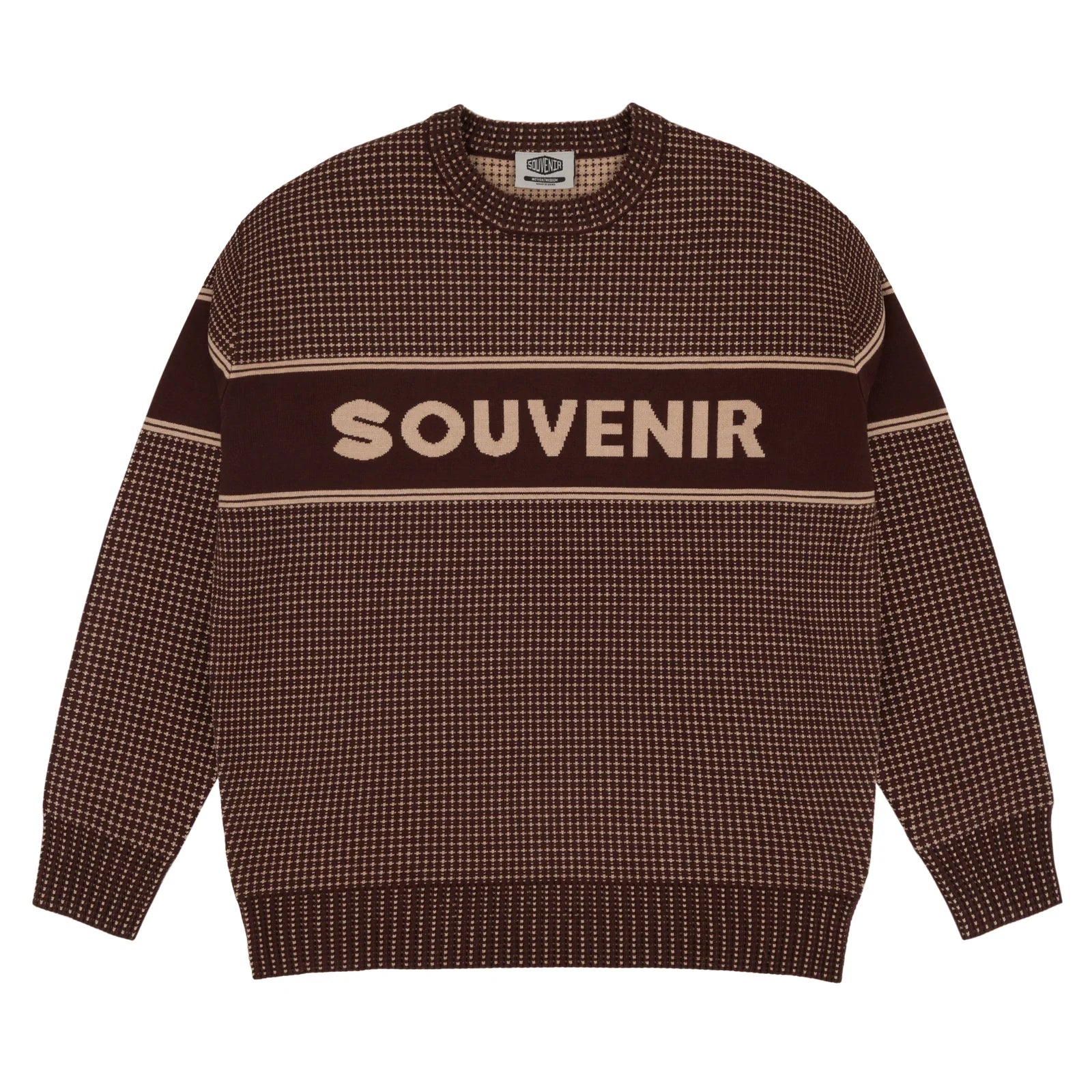 Souvenir Jacquard Knit Sweater in chocolate color, front view showing intricate woven pattern and cozy fit.