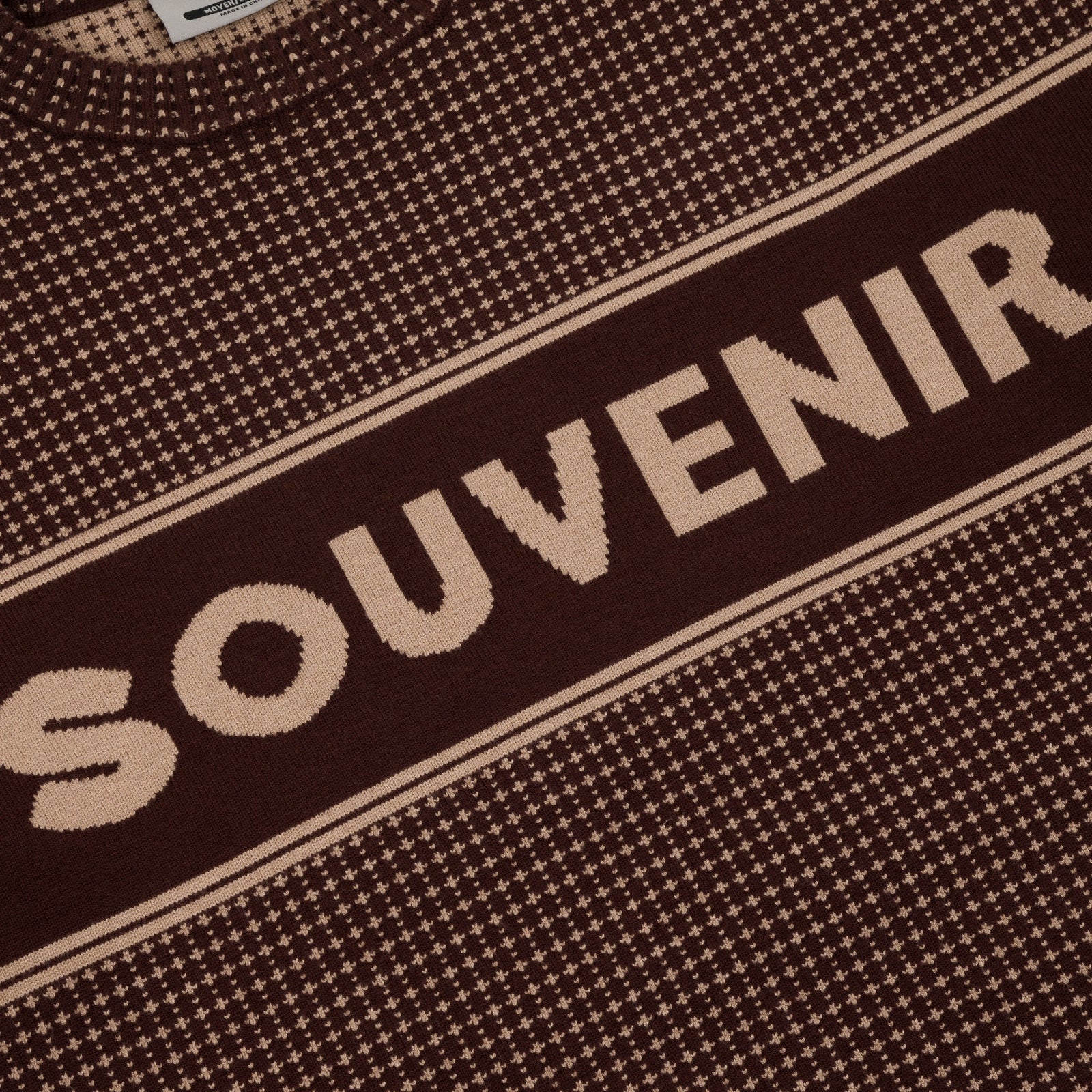 Souvenir Jacquard knit sweater in chocolate color with front logo, featuring intricate woven patterns and a cozy, stylish fit.