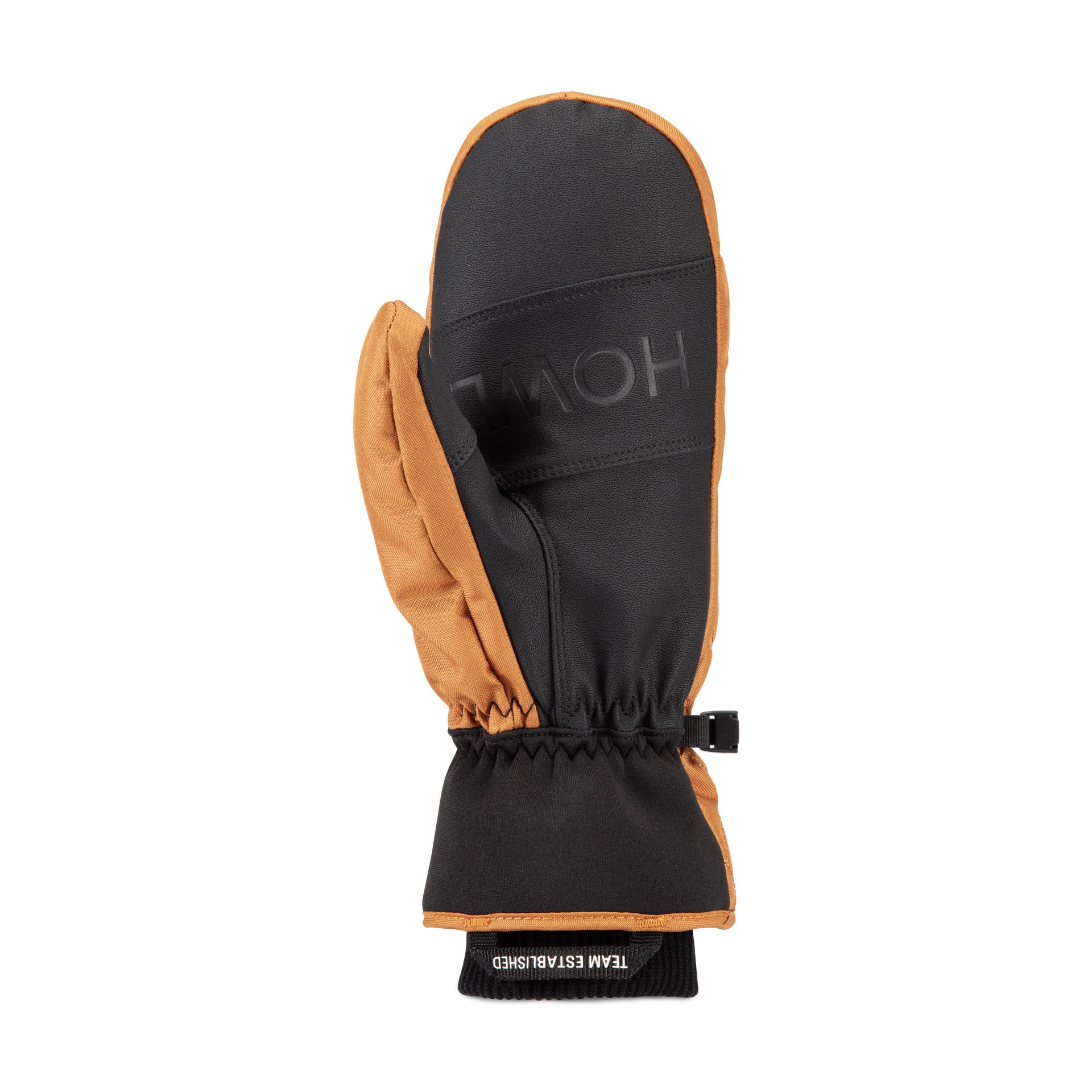 Howl quilted men's and women's caramel-colored mitt with left-back view, showcasing textured stitching and cozy winter design.