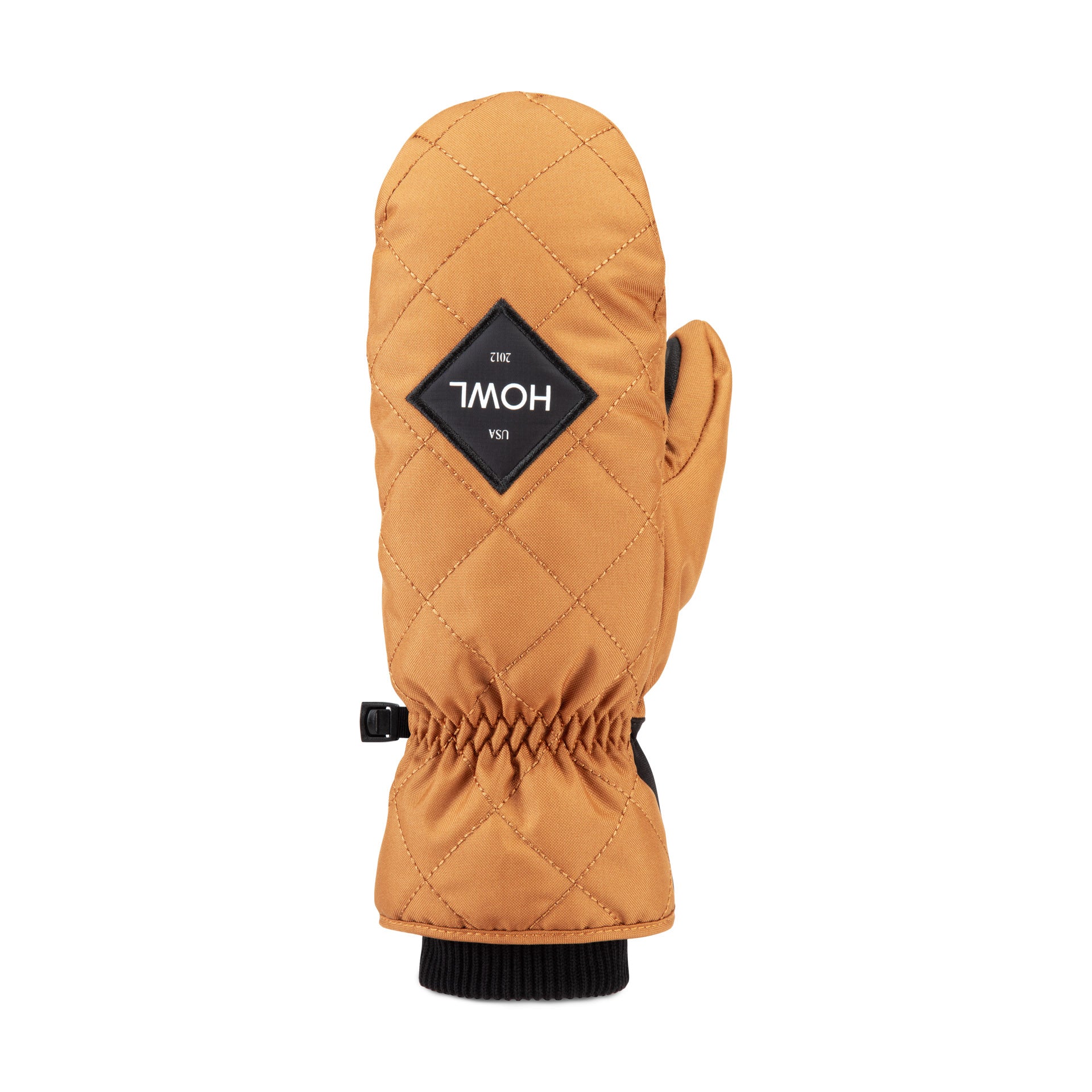 Howl quilted mitt in caramel color, designed for men and women, showing the left front view of the warm, stylish winter accessory.