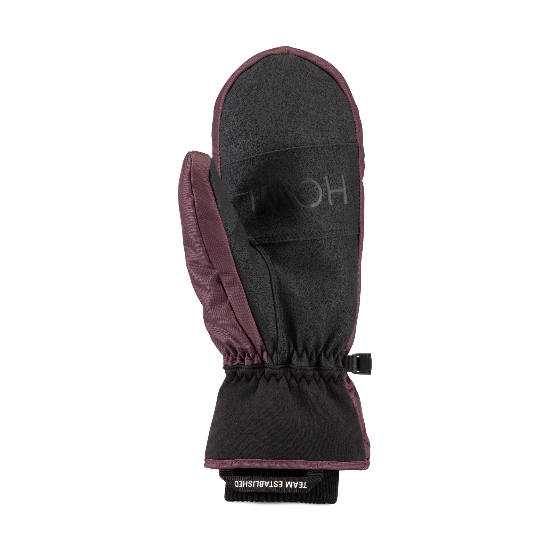 Howl quilted mitt in plum color, men's and women's size, shown from the back left side with a soft, padded texture.