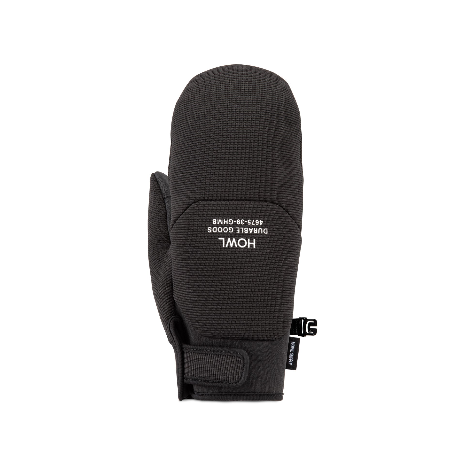 Black Howl Jeepster Mitt for men and women, showing the right front side with textured fabric and insulated design.