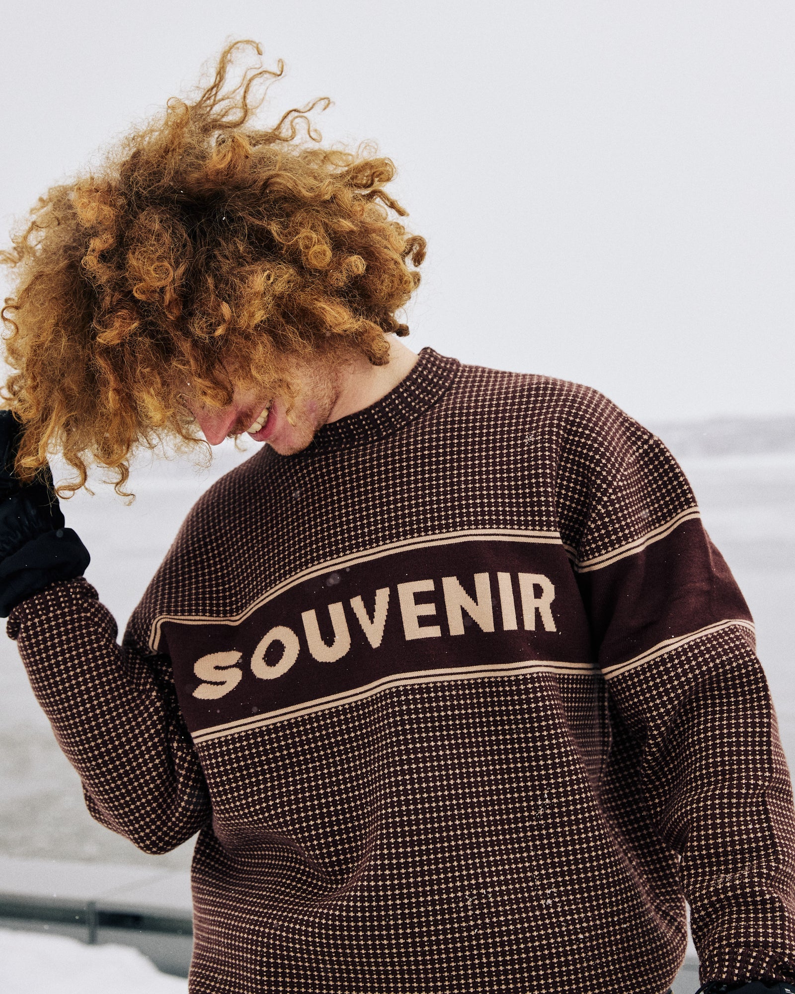 Chocolate brown Souvenir Jacquard Knit Sweater with intricate pattern, stylish and cozy for 2026.