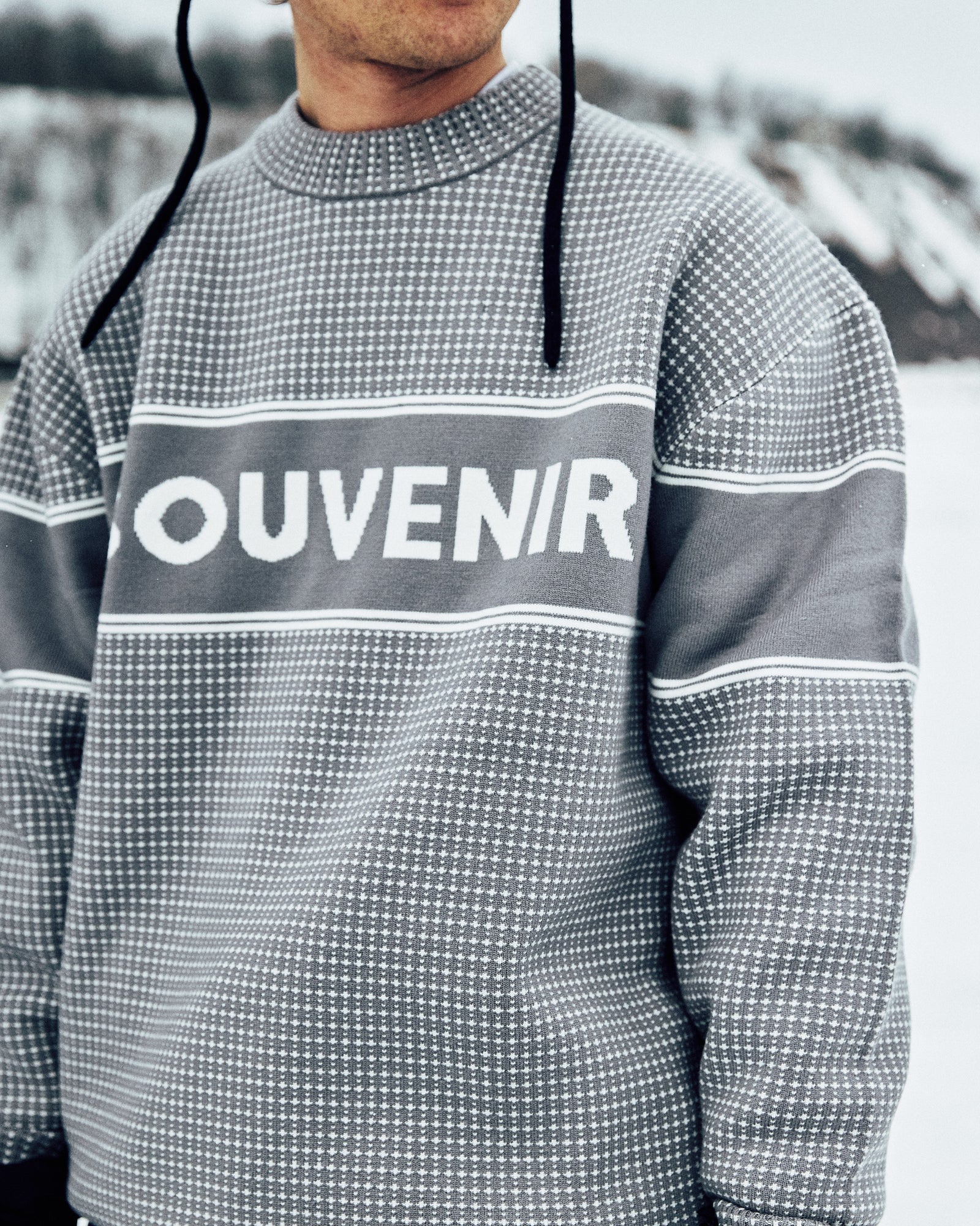 Souvenir Jacquard knit sweater in cool grey with intricate pattern, perfect for casual wear and stylish comfort.