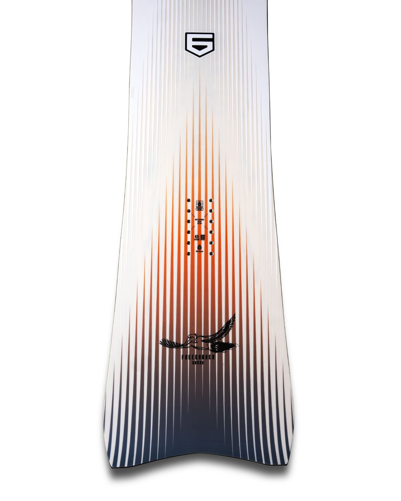 Jones Freecarver 6000 S snowboard 2027 with a sleek design, featuring a tail view on snow, showcasing its shape and construction.