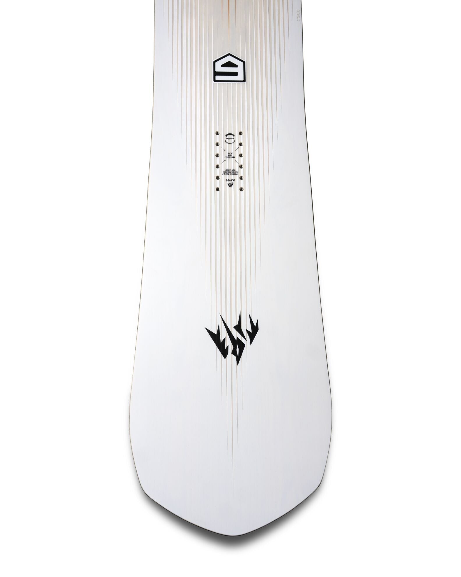 Jones Freecarver 6000 S snowboard for 2027, showing the tip with a sleek design and graphics on the Jones brand snowboard.