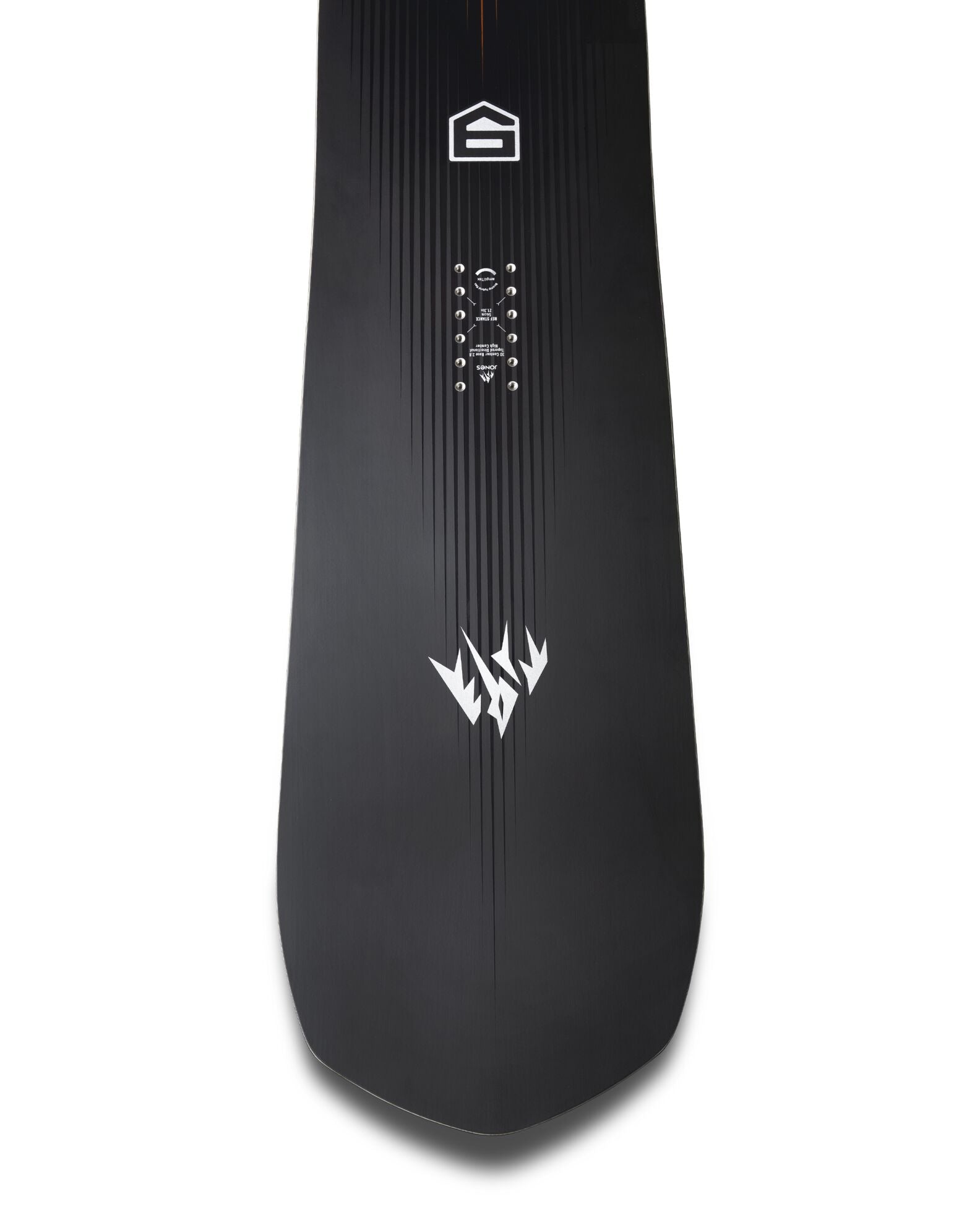 Jones Freecarver 9000 S snowboard in snow, showing the tail with bold graphics and durable construction for carving and freestyle riding.
