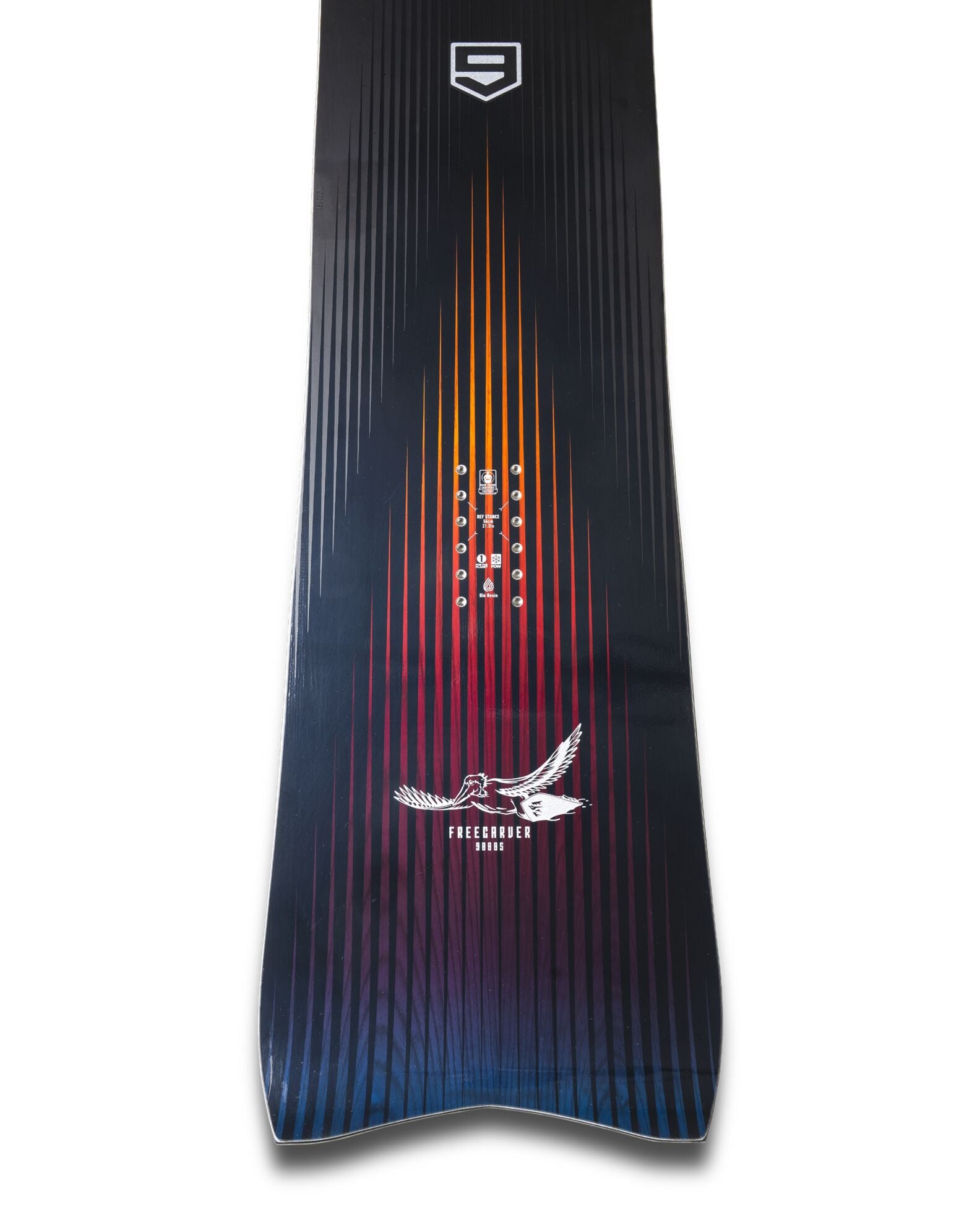 Jones Freecarver 9000 S snowboard 2027 with a sleek tail topsheet designed for versatile snowboarding performance.