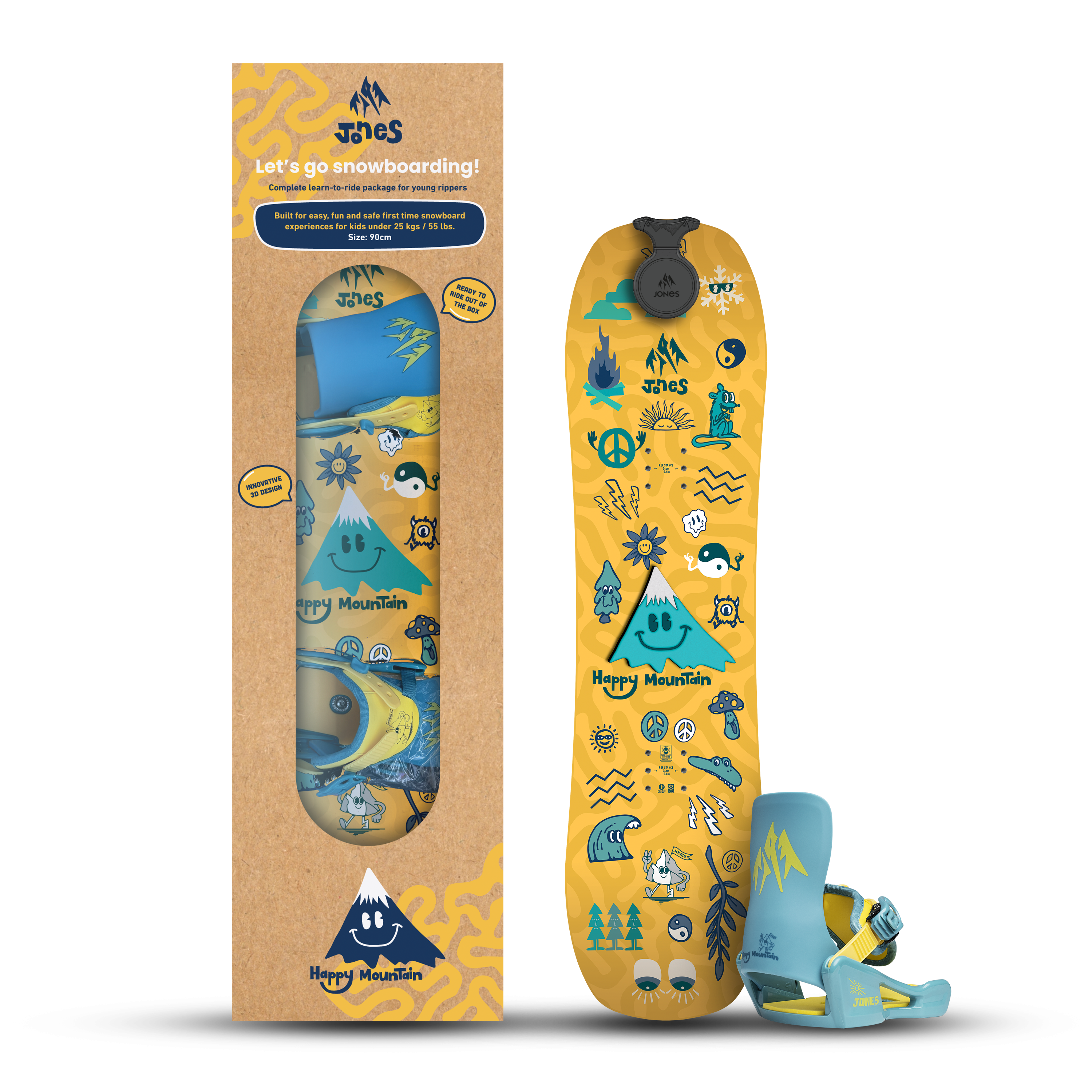 Jones Kids Happy Mountain snowboard package with bindings and carrying bag, designed for young snowboarders' winter snowboarding fun.