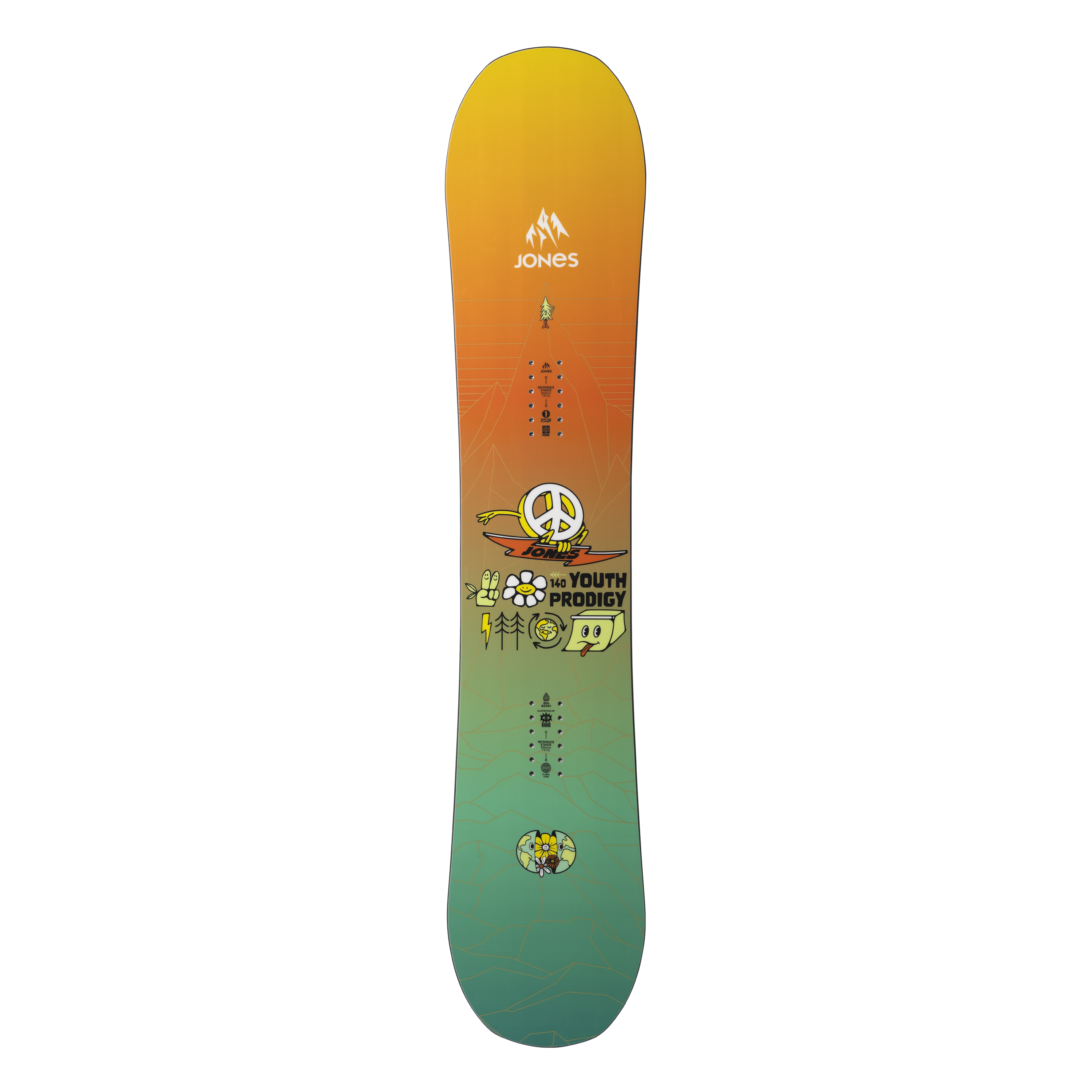 Jones Kids Prodigy snowboard package for kids, featuring a colorful snowboard with bindings, designed for young snowboarders.