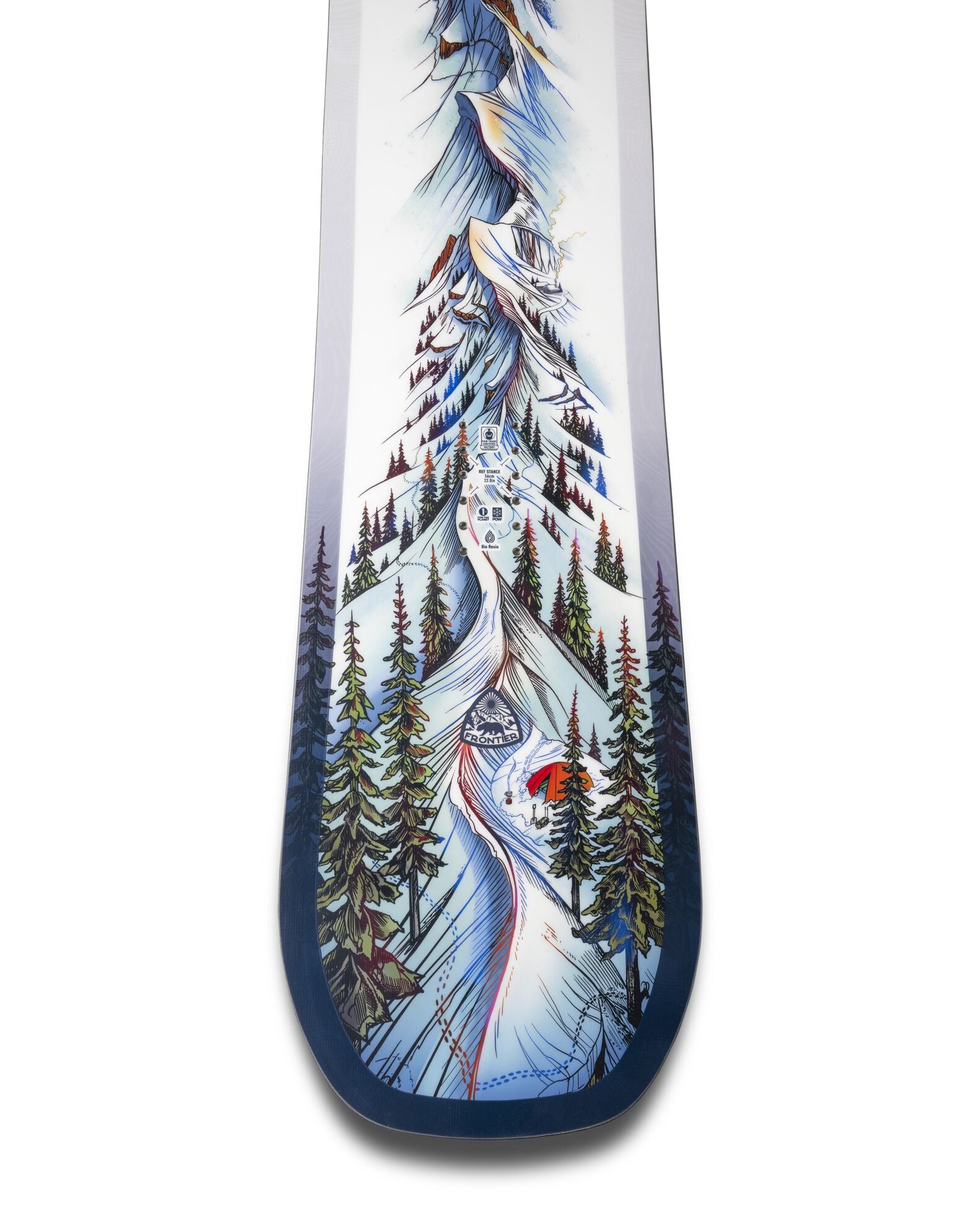 Jones Men's Frontier 2 Snowboard 2027 tail shot showing the snowboard's design and shape for winter snowboarding.